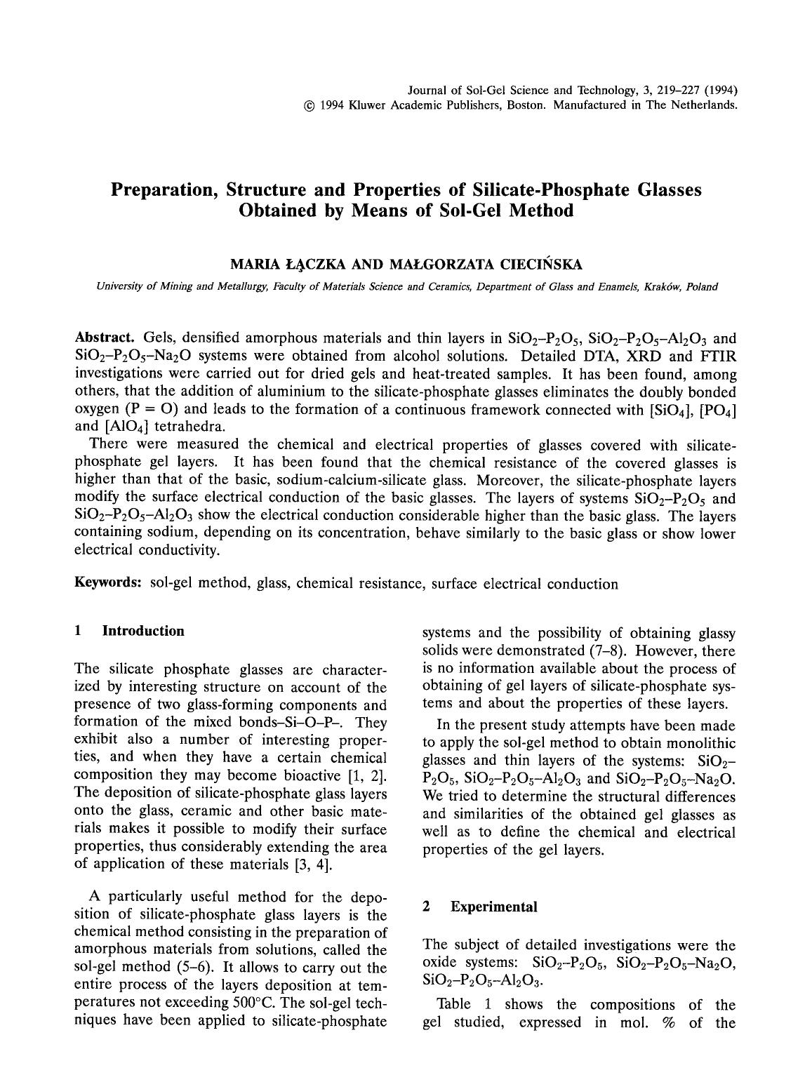 Preparation, structure and properties of silicate-phosphate glasses obtained by means of sol-gel method by Unknown