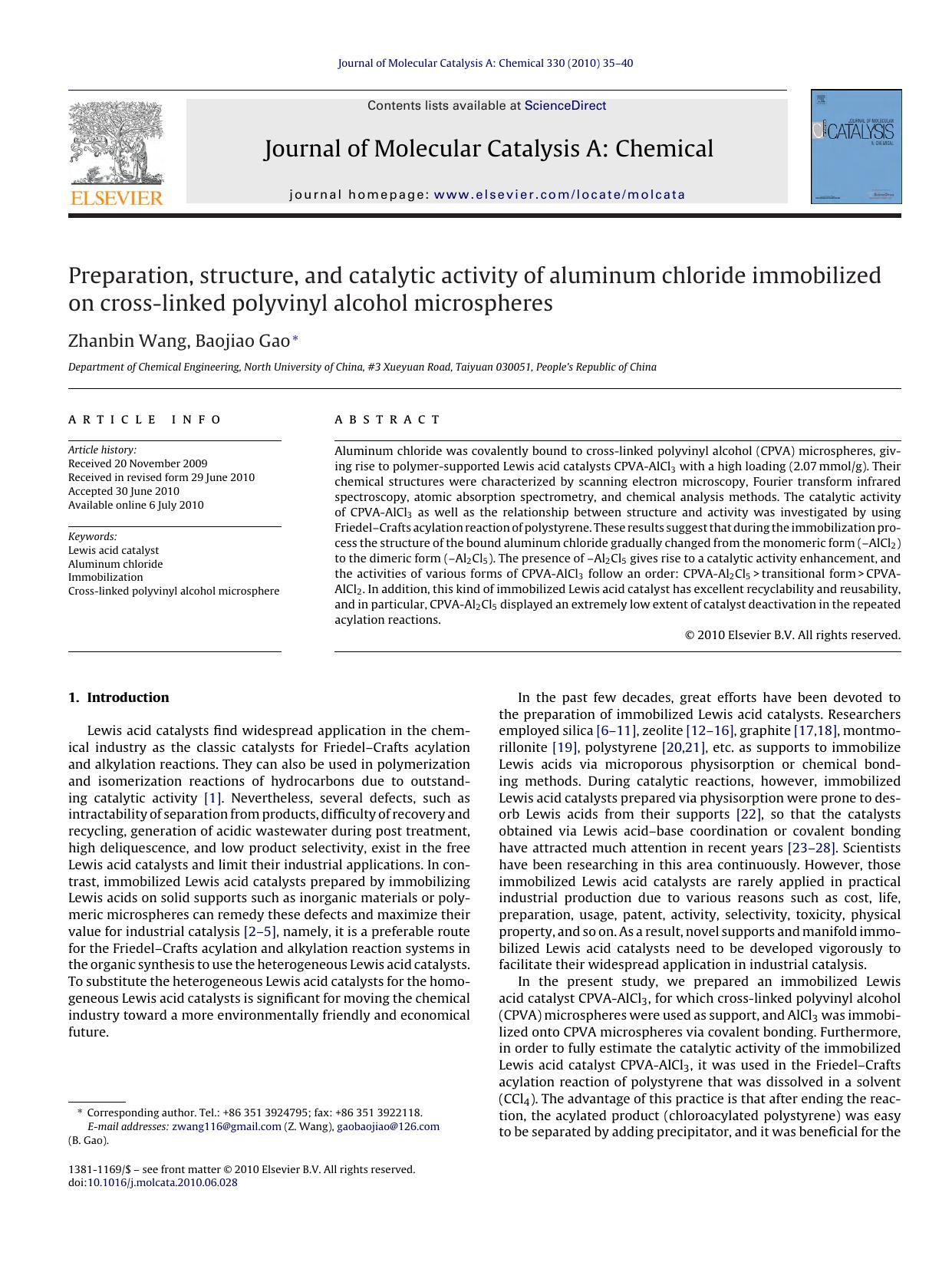 Preparation, structure, and catalytic activity of aluminum chloride immobilized on cross-linked polyvinyl alcohol microspheres by Zhanbin Wang