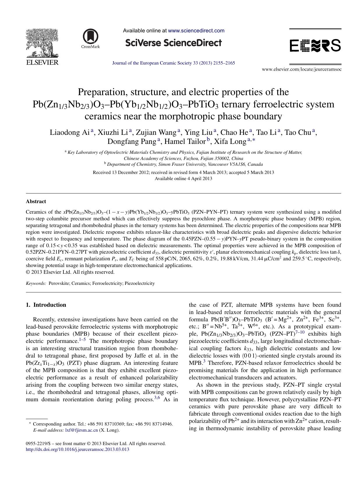 Preparation, structure, and electric properties of the Pb(Zn13Nb23)O3âPb(Yb12Nb12)O3âPbTiO3 ternary ferroelectric system ceramics near the morphotropic phase boundary by Liaodong Ai