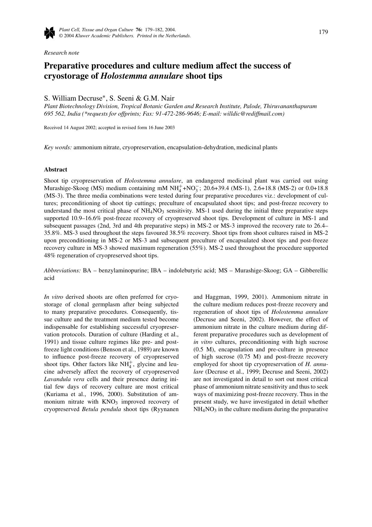 Preparative Procedures and Culture Medium Affect the Success of Cryostorage of <Emphasis Type="Italic">Holostemma annulare<Emphasis> Shoot Tips by Unknown