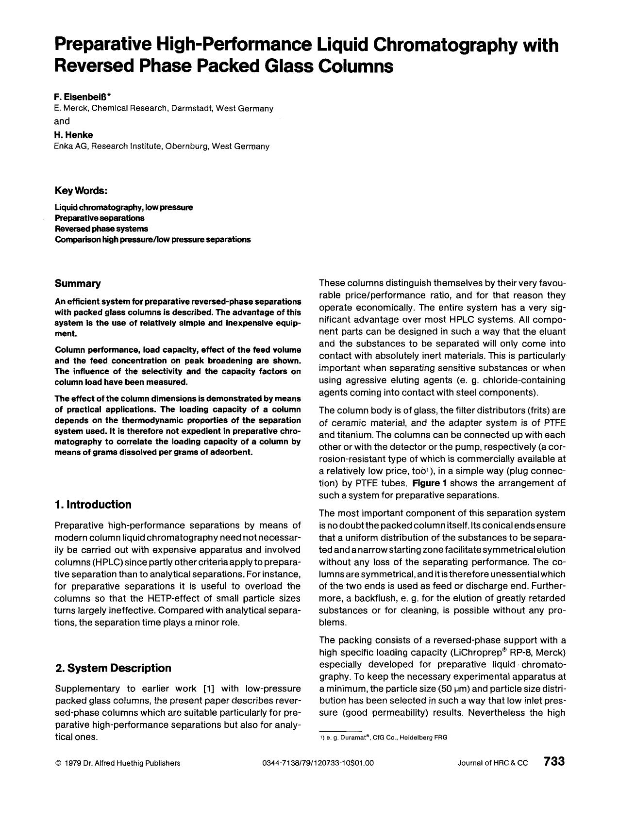 Preparative high-performance liquid chromatography with reversed phase packed glass columns by Unknown