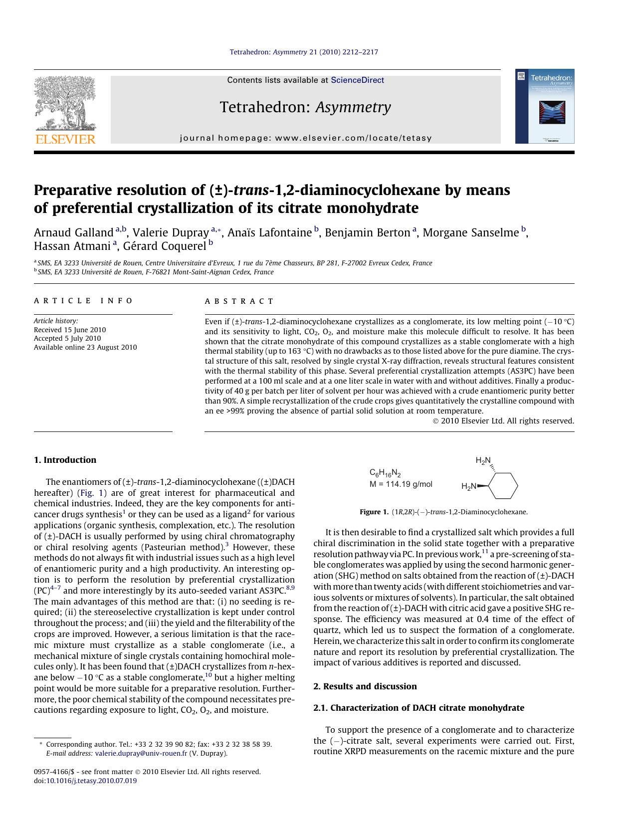 Preparative resolution of (ÃÂ±)-trans-1,2-diaminocyclohexane by means of preferential crystallization of its citrate monohydrate by unknow