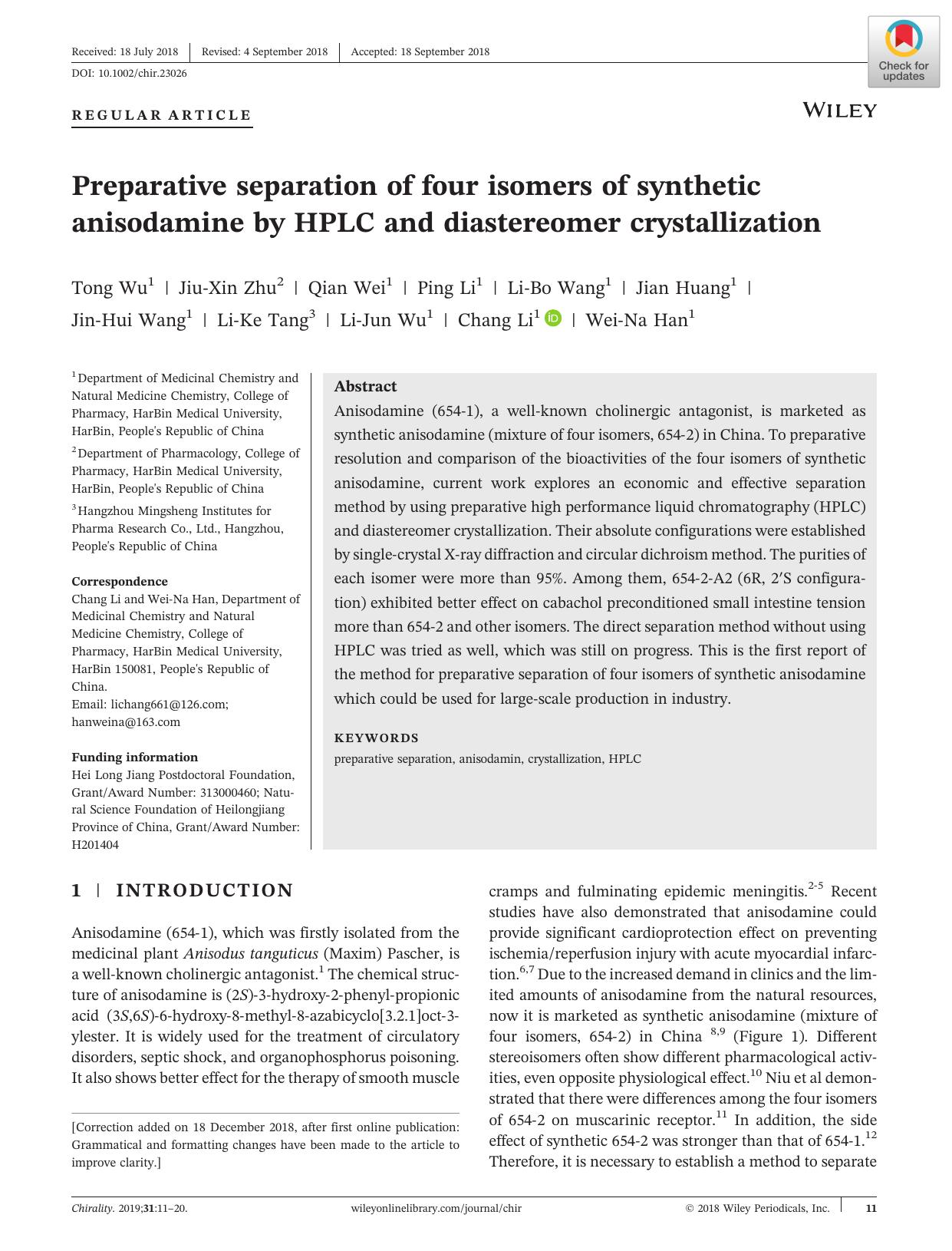 Preparative separation of four isomers of synthetic anisodamine by HPLC and diastereomer crystallization by unknow