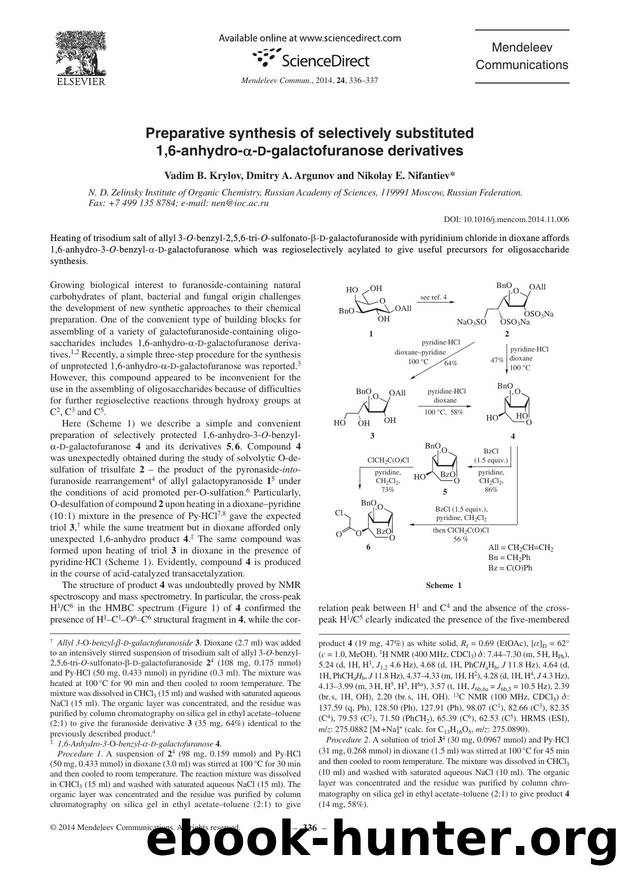 Preparative synthesis of selectively substituted 1,6-anhydro-Î±-D-galactofuranose derivatives by Vadim B. Krylov & Dmitry A. Argunov & Nikolay E. Nifantiev