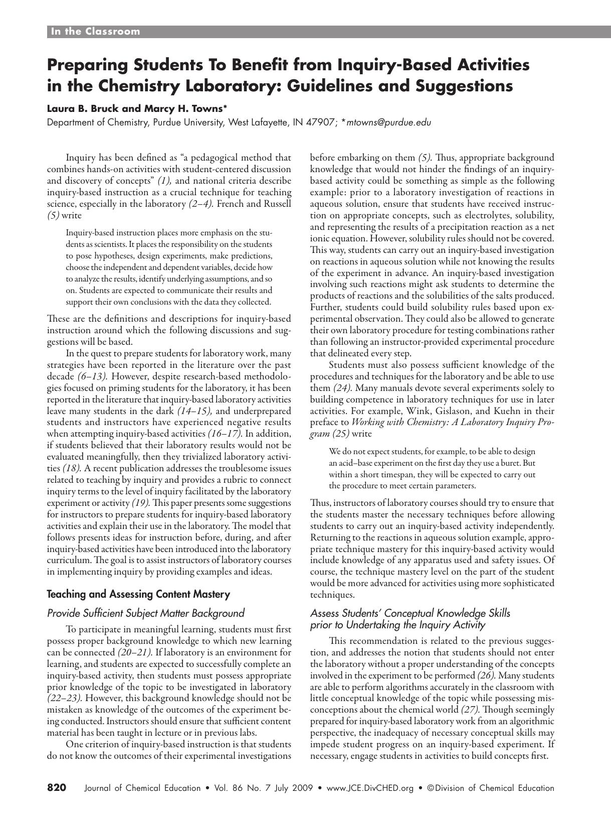 Preparing Students To Benefit from Inquiry-Based Activities in the Chemistry Laboratory: Guidelines and Suggestions by Laura B. Bruck and Marcy H. Towns