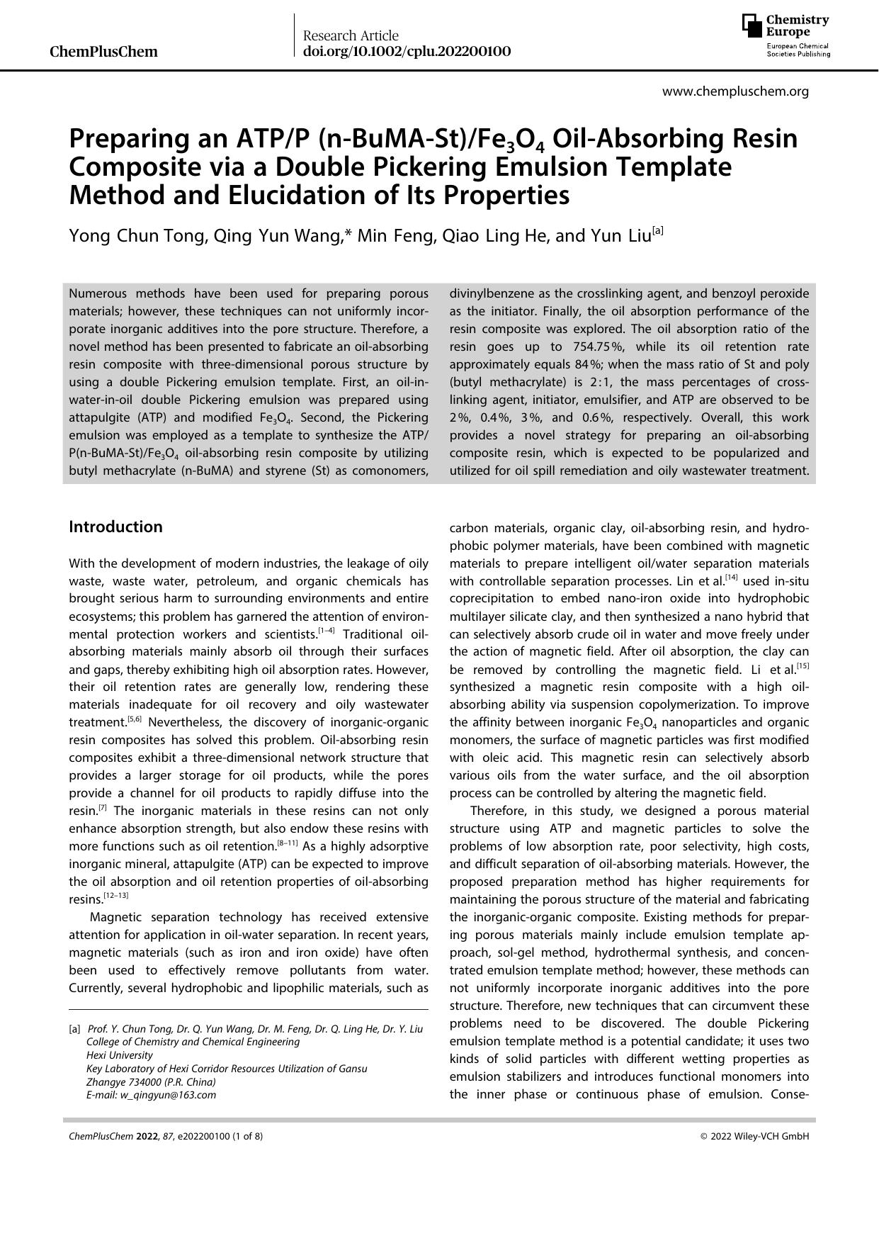 Preparing an ATPP (nâBuMAâSt)Fe3O4 OilâAbsorbing Resin Composite via a Double Pickering Emulsion Template Method and Elucidation of Its Properties by Unknown