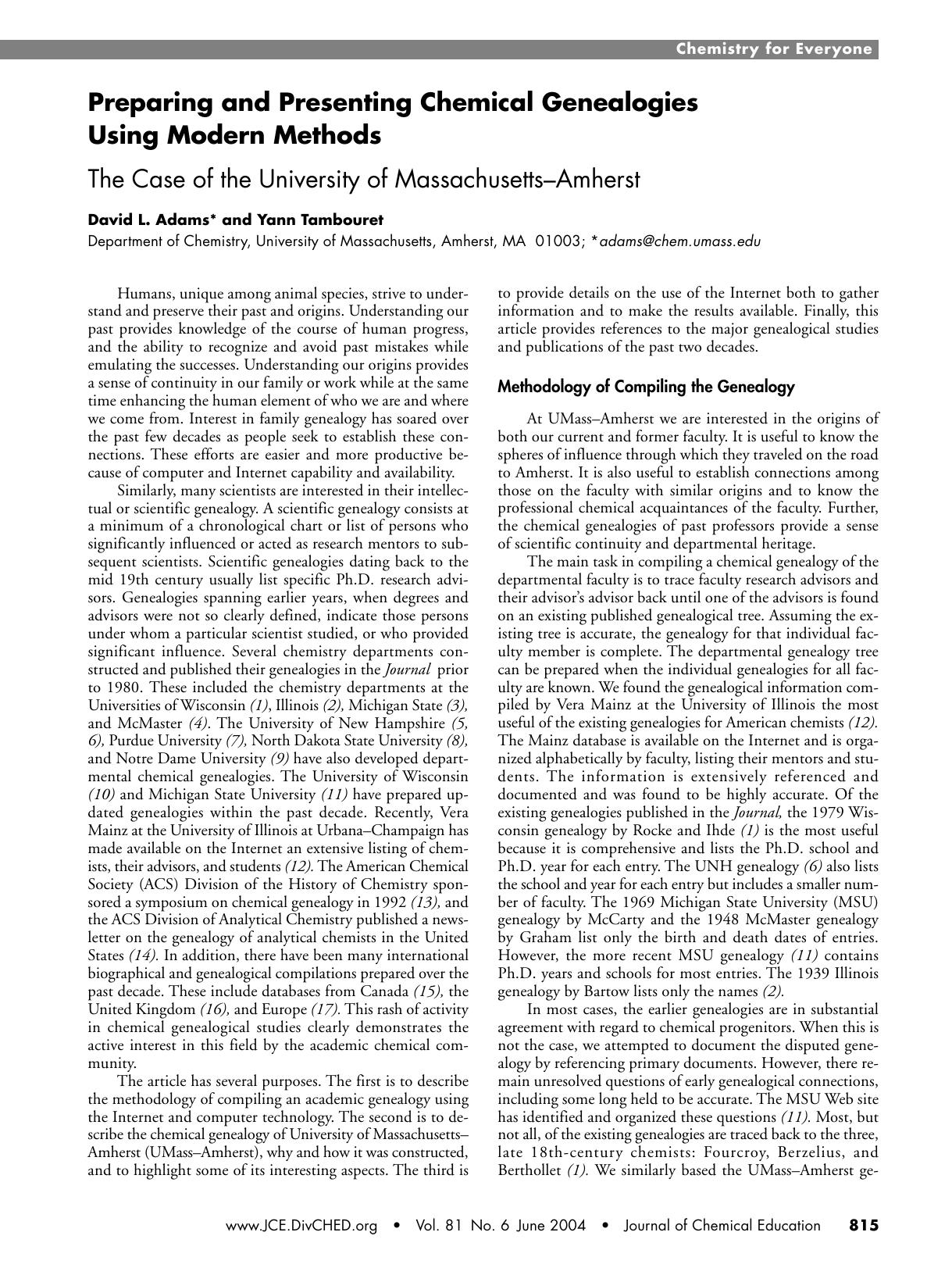 Preparing and Presenting Chemical Genealogies Using Modern Methods. The Case of the University of Massachusetts&ndash;Amherst by David L. Adams and Yann Tambouret