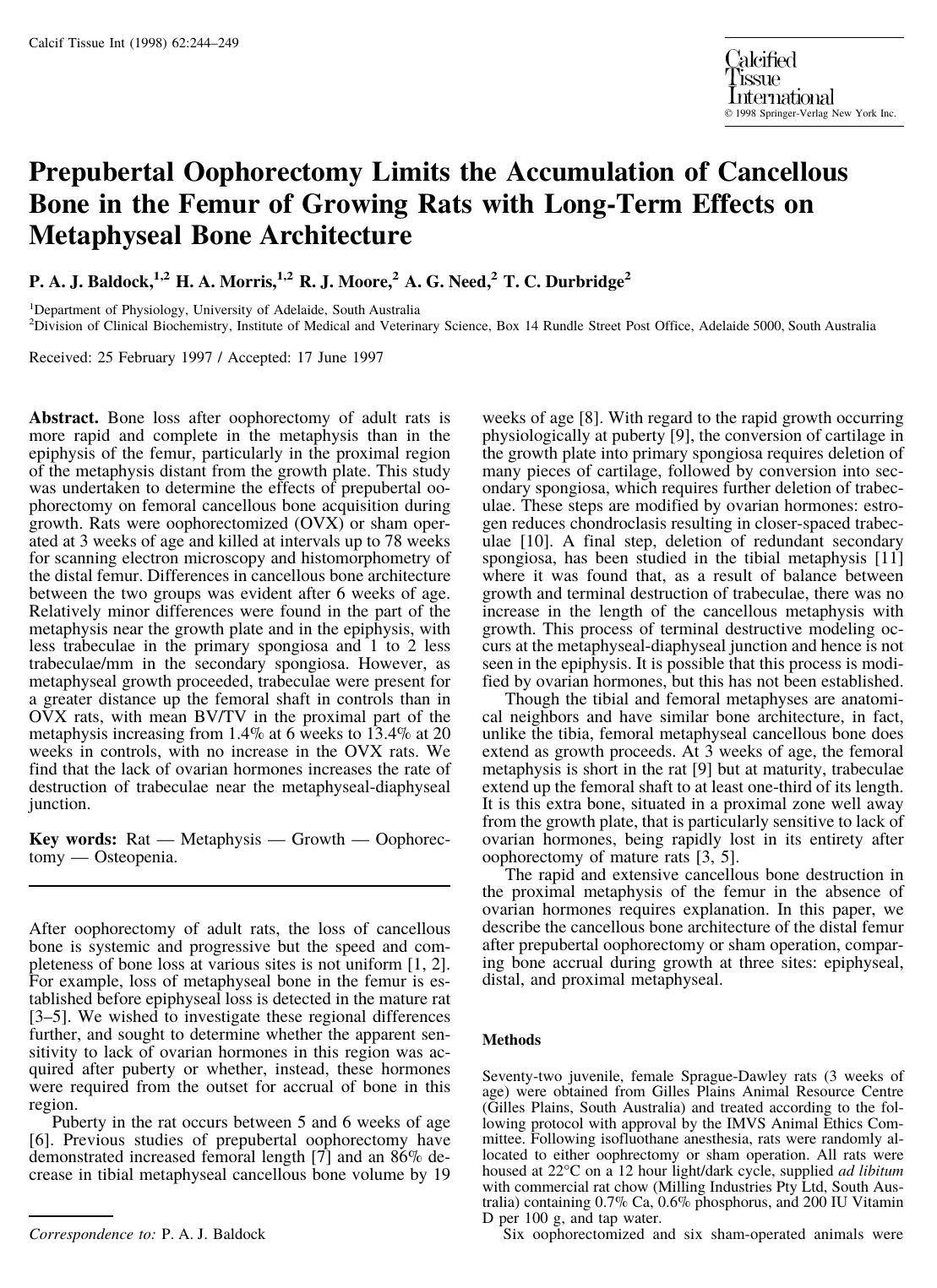 Prepubertal Oophorectomy Limits the Accumulation of Cancellous Bone in the Femur of Growing Rats with Long-Term Effects on Metaphyseal Bone Architecture by Baldock P. et al