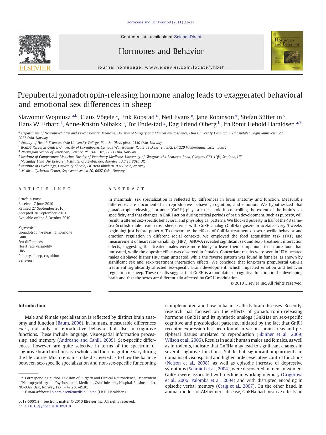 Prepubertal gonadotropin-releasing hormone analog leads to exaggerated behavioral and emotional sex differences in sheep by unknow