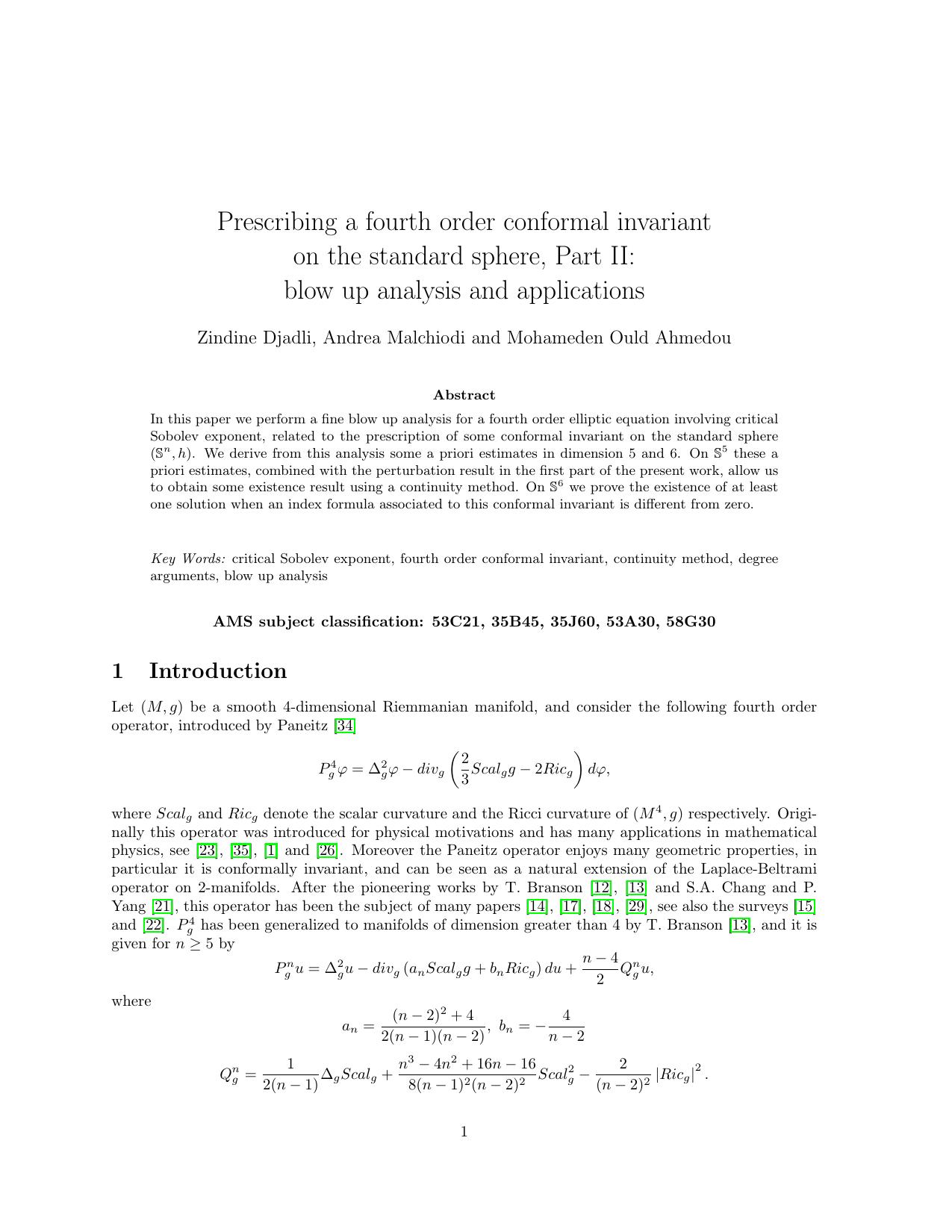 Prescribing a fourth order conformal invariant on the standard sphere by Djadli Z. Malchiodi A. Ahnmedou O