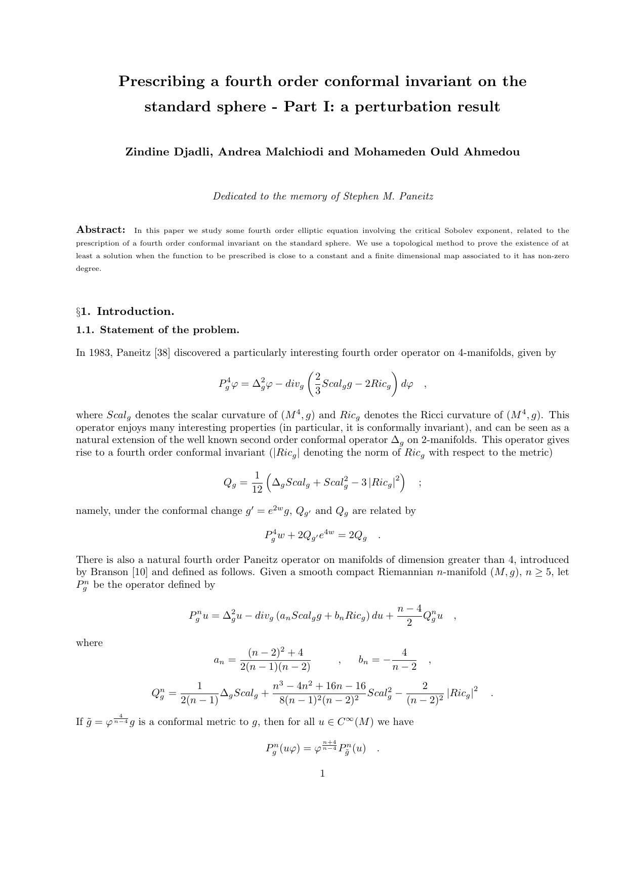 Prescribing a fourth order conformal invariant on the standard sphere by Djadli Z. Malchiodi A. Ould M