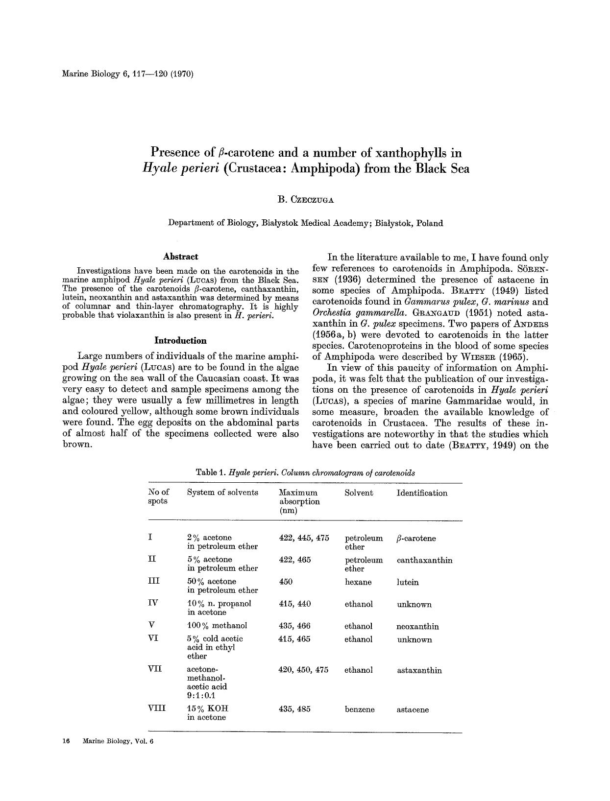 Presence of &#x03B2;-carotene and a number of xanthophylls in <Emphasis Type="Italic">Hyale perieri<Emphasis> (Crustacea: Amphipoda) from the Black Sea by Unknown