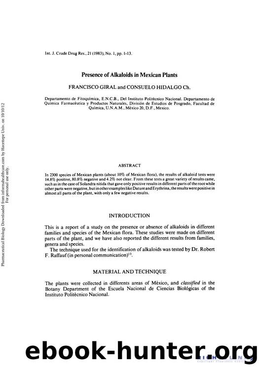Presence of Alkaloids in Mexican Plants by Francisco Giral & Consuelo Hidalgo