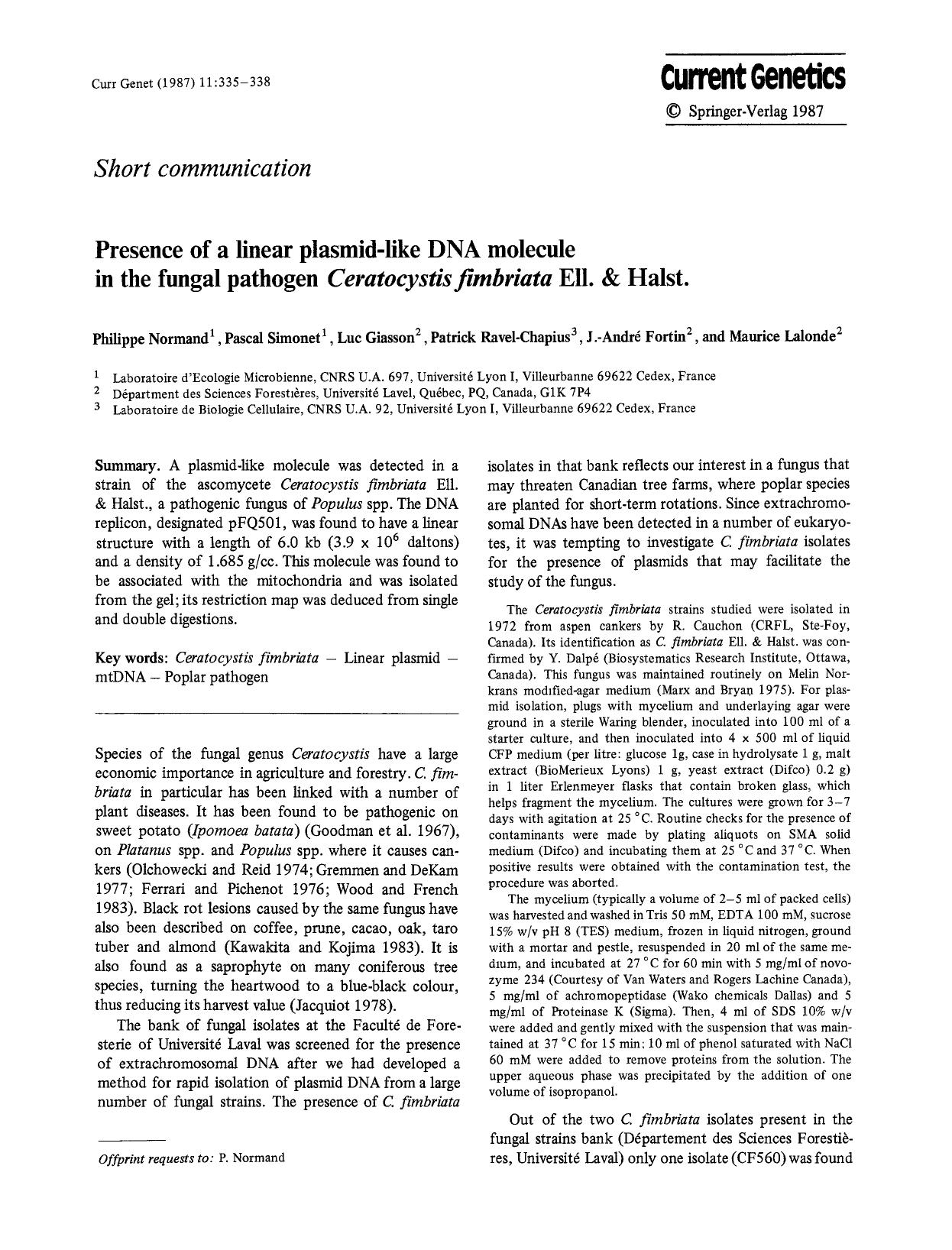 Presence of a linear plasmid-like DNA molecule in the fungal pathogen <Emphasis Type="Italic">Ceratocystis fimbriata<Emphasis> Ell. &amp; Halst. by Unknown