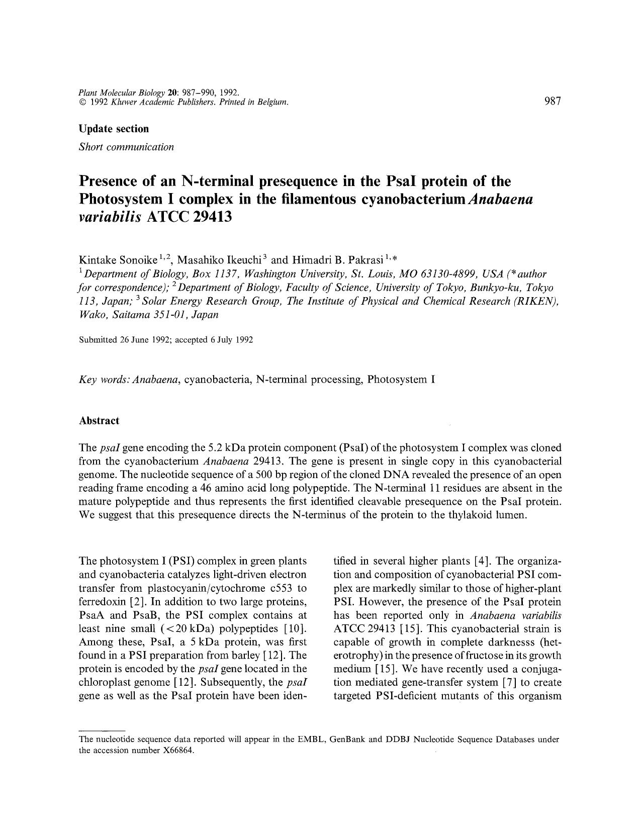 Presence of an N-terminal presequence in the PsaI protein of the Photosystem I complex in the filamentous cyanobacterium <Emphasis Type="Italic">Anabaena variabilis <Emphasis> ATCC 29413 by Unknown