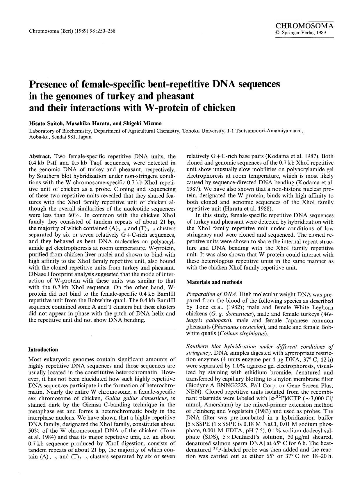 Presence of female-specific bent-repetitive DNA sequences in the genomes of turkey and pheasant and their interactions with W-protein of chicken by Unknown