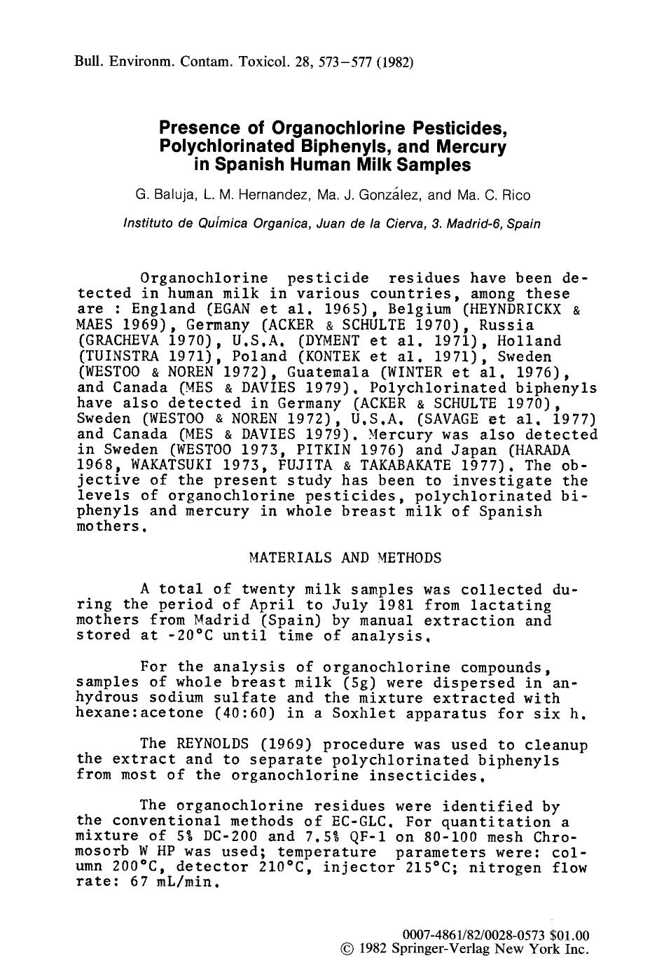 Presence of organochlorine pesticides, polychlorinated biphenyls, and mercury in Spanish human milk samples by Unknown