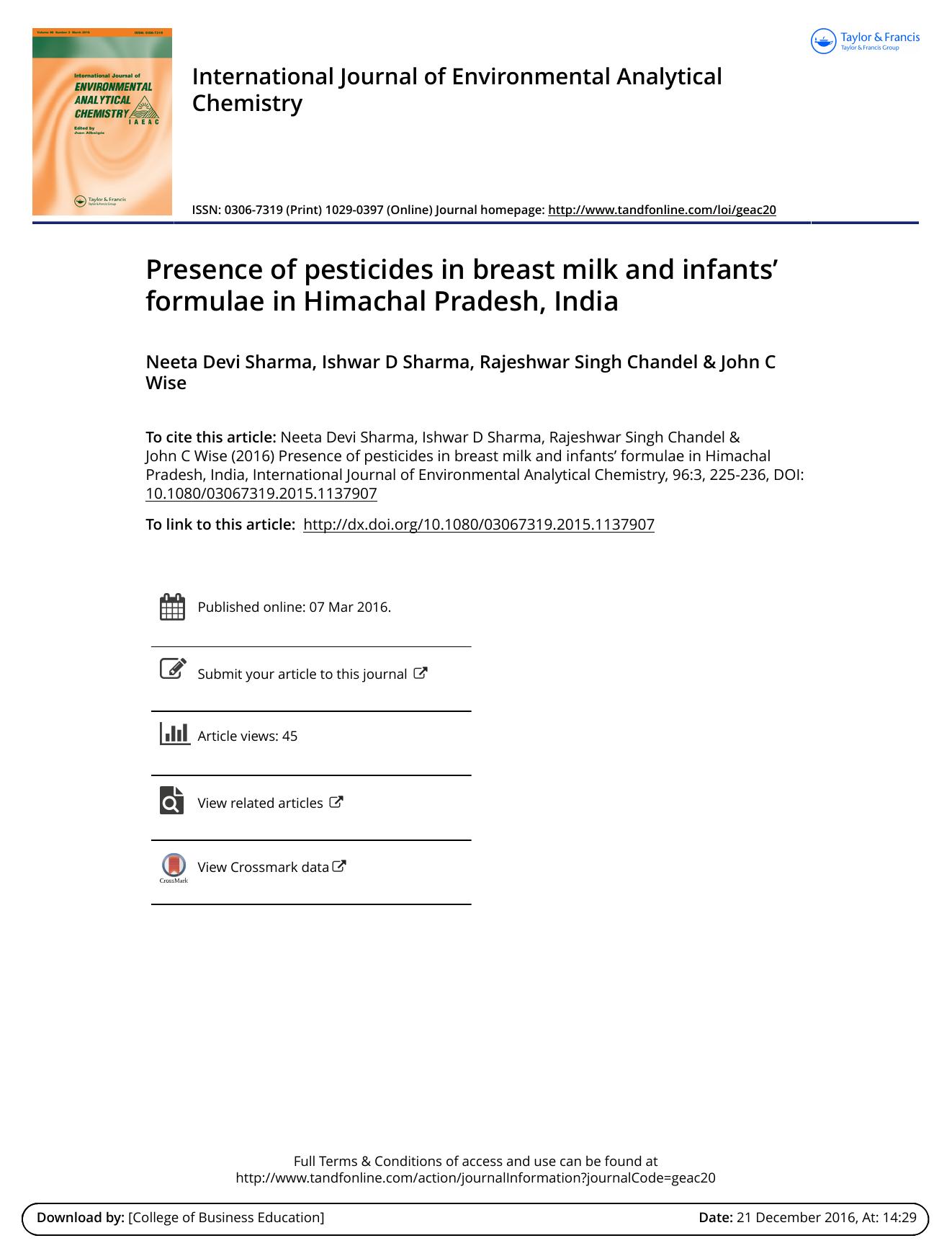 Presence of pesticides in breast milk and infantsâ formulae in Himachal Pradesh, India by Neeta Devi Sharma & Ishwar D Sharma & Rajeshwar Singh Chandel & John C Wise