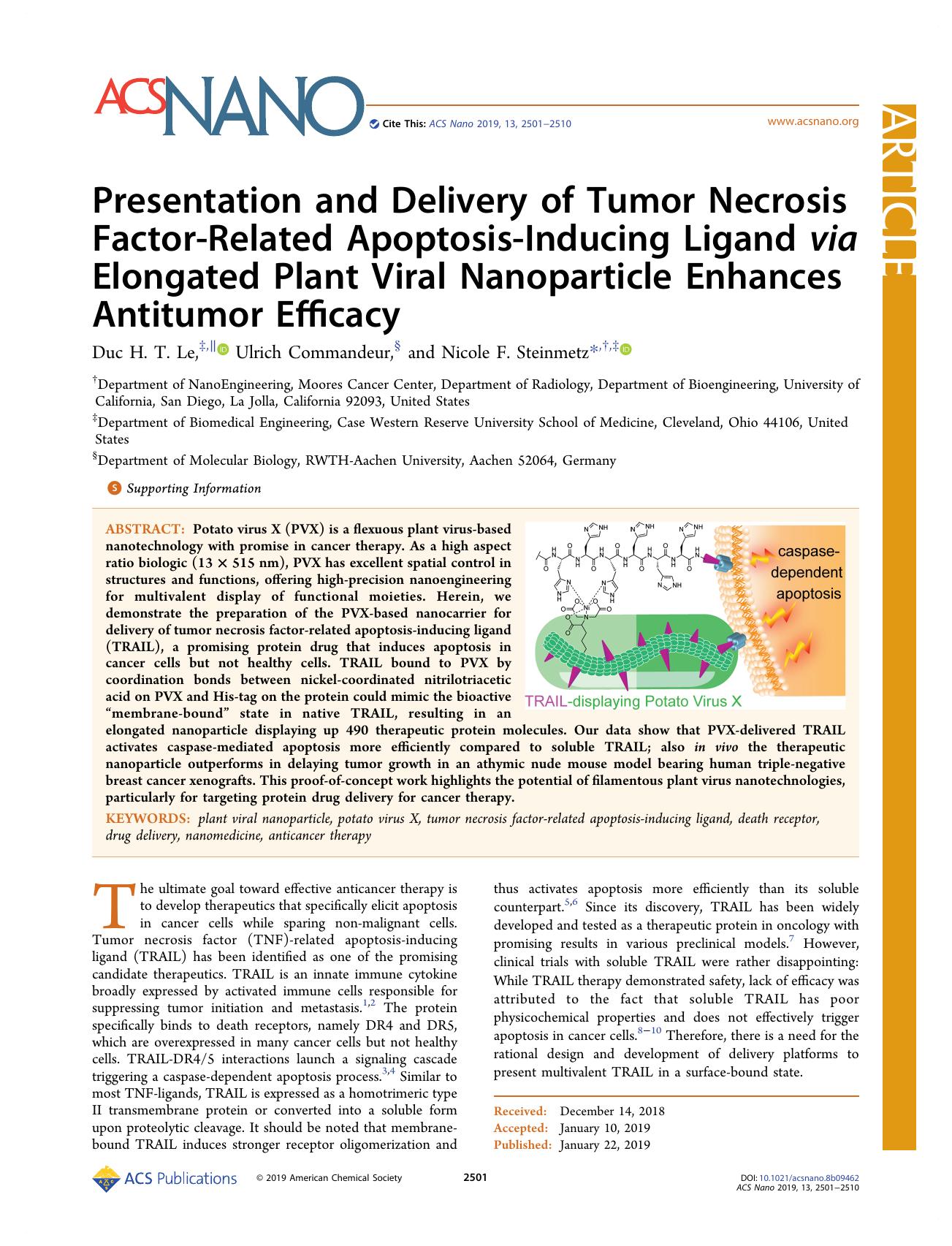 Presentation and Delivery of Tumor Necrosis Factor-Related Apoptosis-Inducing Ligand via Elongated Plant Viral Nanoparticle Enhances Antitumor Efficacy by Duc H. T. Le Ulrich Commandeur and Nicole F. Steinmetz