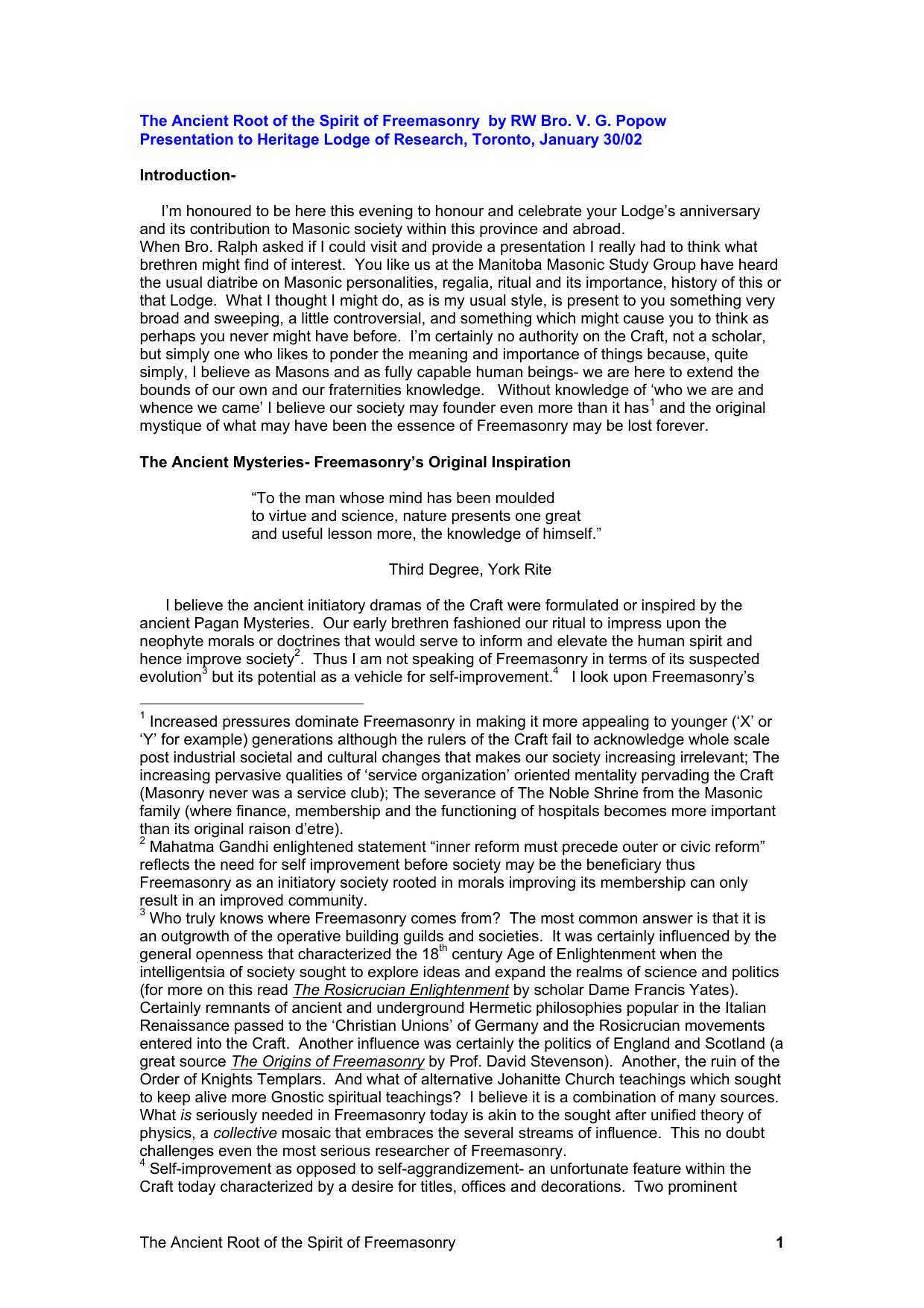 Presentation to Heritage Lodge of Research, by Victor G. Popow