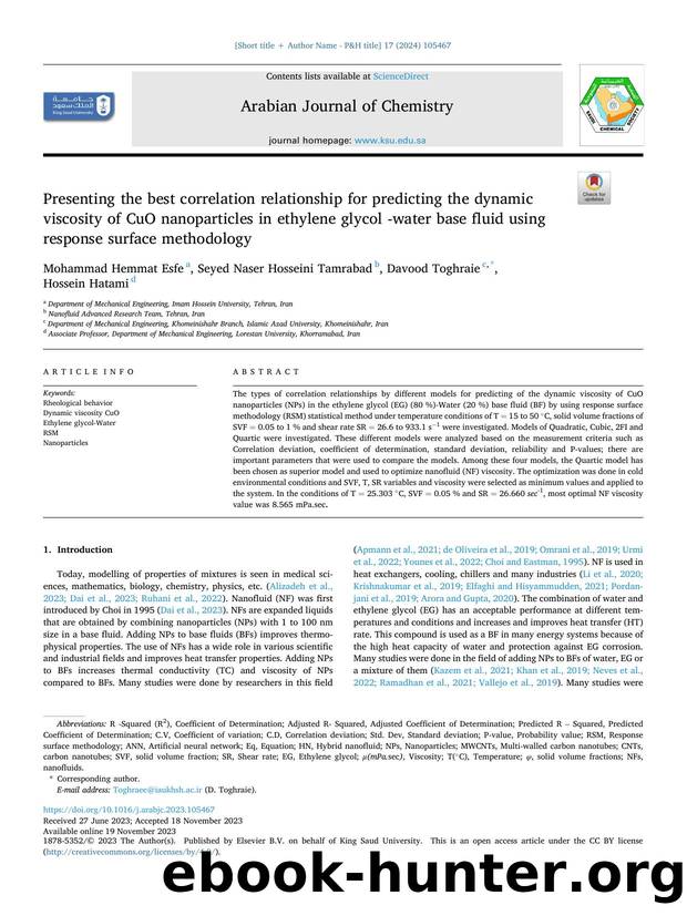 Presenting the best correlation relationship for predicting the dynamic viscosity of CuO nanoparticles in ethylene glycol -water base fluid using response surface methodology by Mohammad Hemmat Esfe & Seyed Naser Hosseini Tamrabad & Davood Toghraie & Hossein Hatami