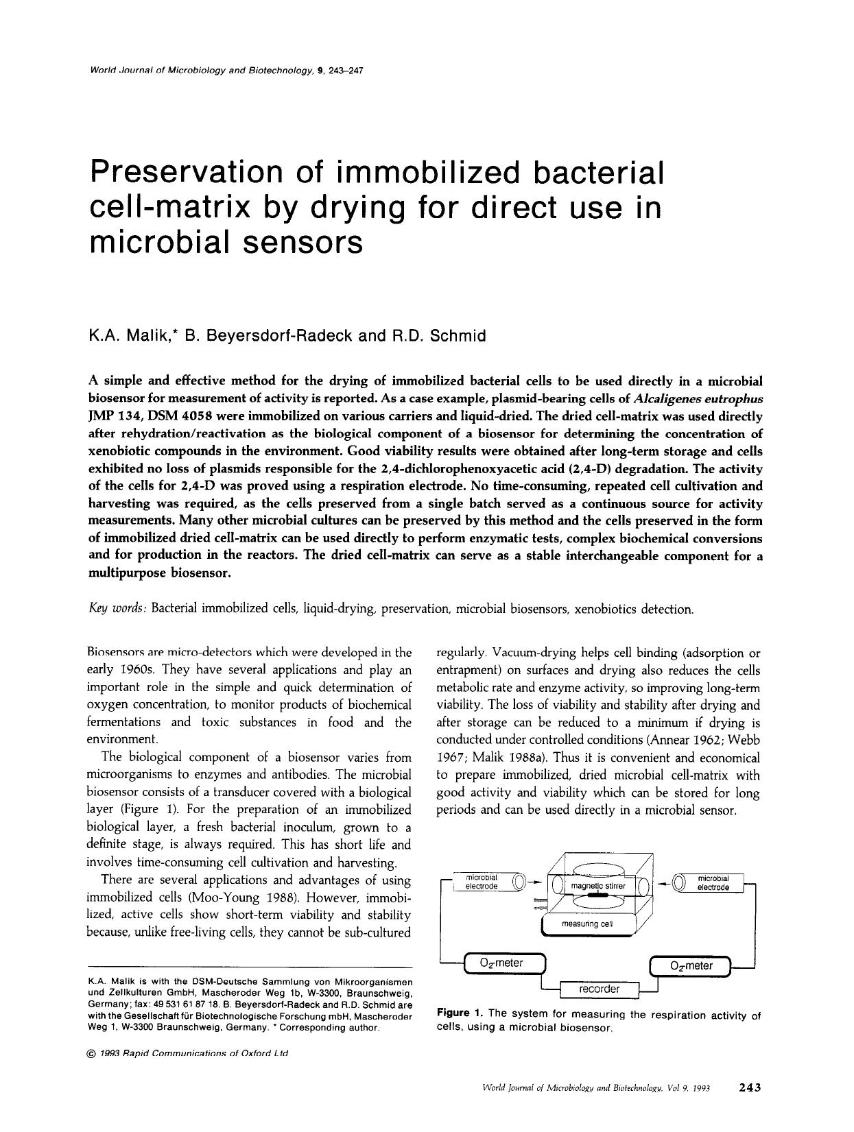 Preservation of immobilized bacterial cell-matrix by drying for direct use in microbial sensors by Unknown