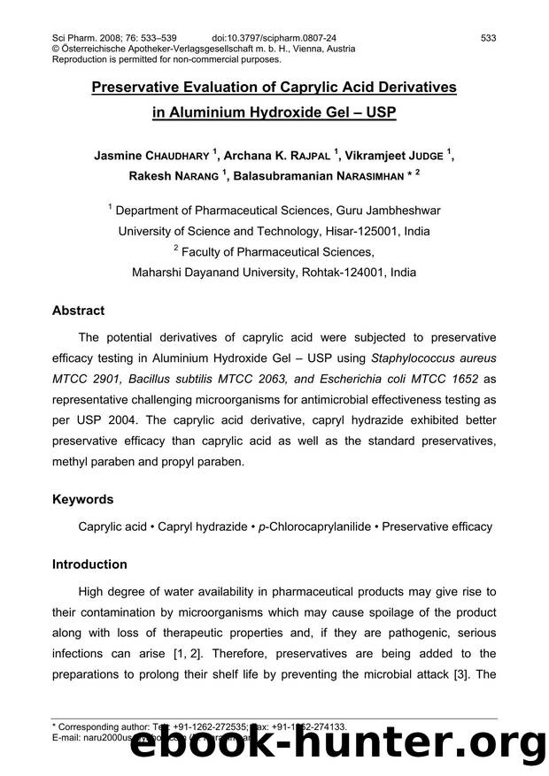Preservative Evaluation of Caprylic Acid Derivatives in Aluminium Hydroxide Gel â USP by unknow