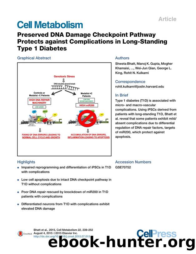 Preserved DNA Damage Checkpoint Pathway Protects against Complications in Long-Standing Type 1 Diabetes by unknow