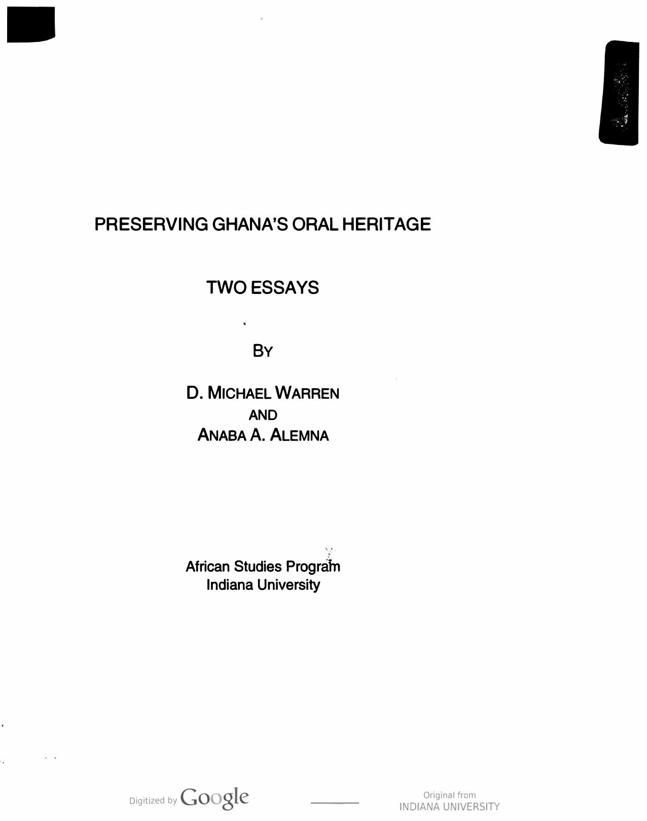 Preserving Ghana's oral heritage : two essays by Dennis M. Warren; Anaba A. Alemna