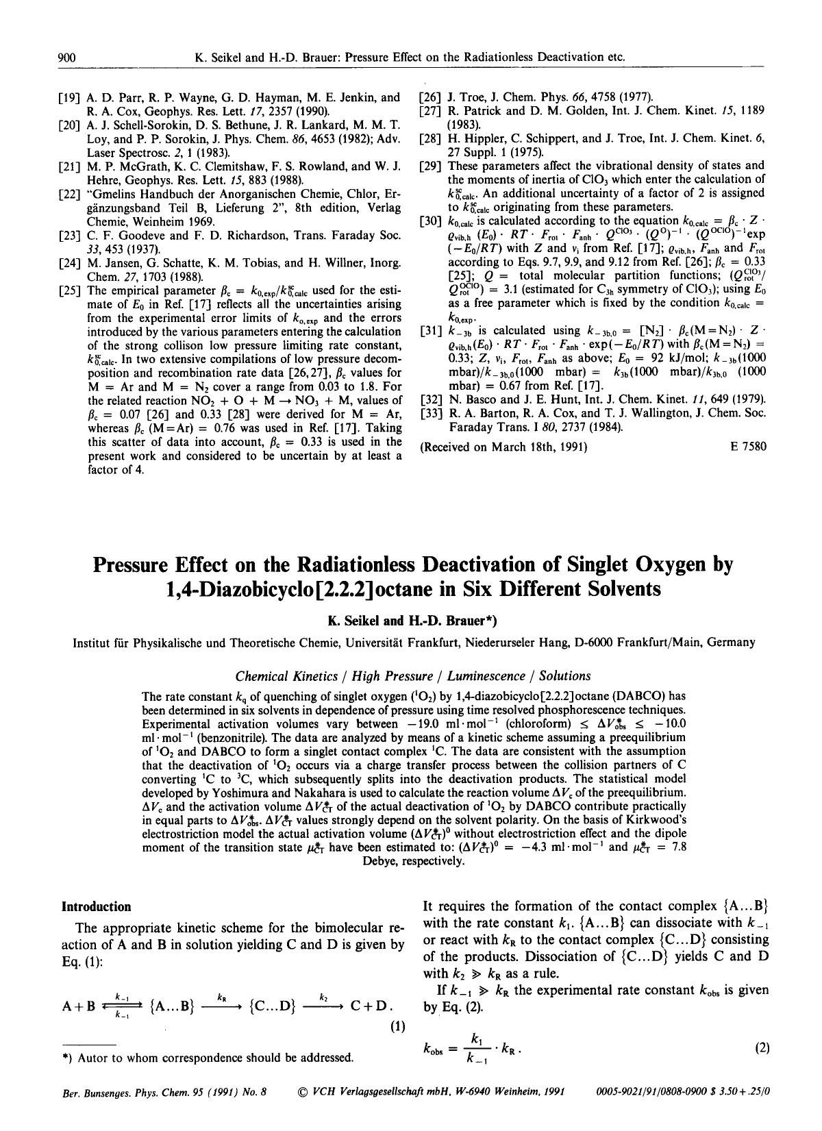 Pressure Effect on the Radiationless Deactivation of Singlet Oxygen by 1,4-Diazobicyclo [2.2.2] octane in Six Different Solvents by Unknown