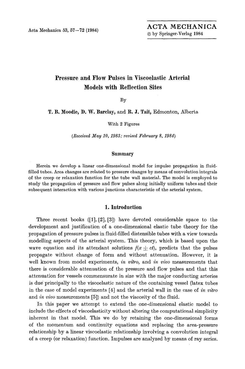 Pressure and flow pulses in viscoelastic arterial models with reflection sites by Unknown