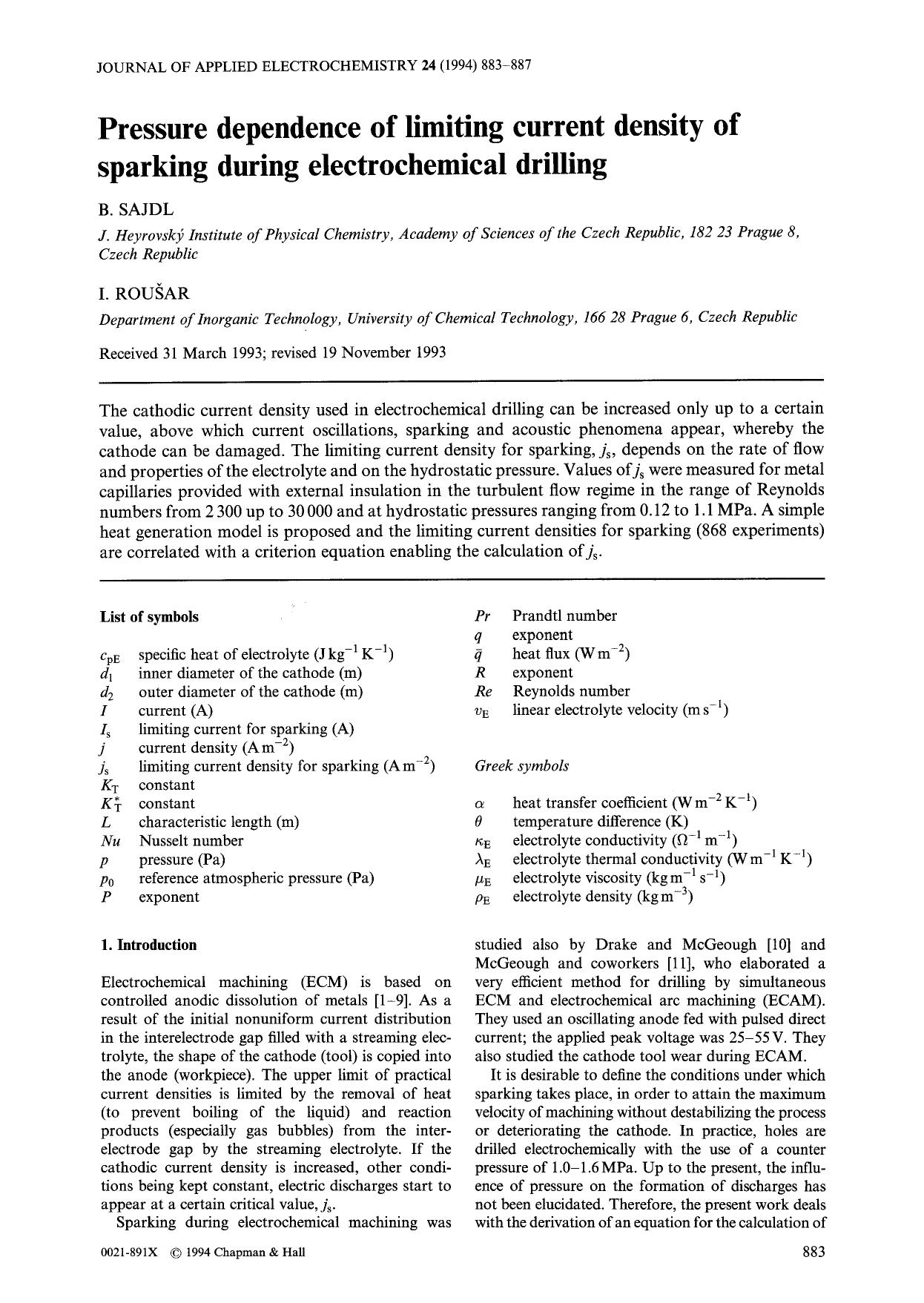 Pressure dependence of limiting current density of sparking during electrochemical drilling by Unknown