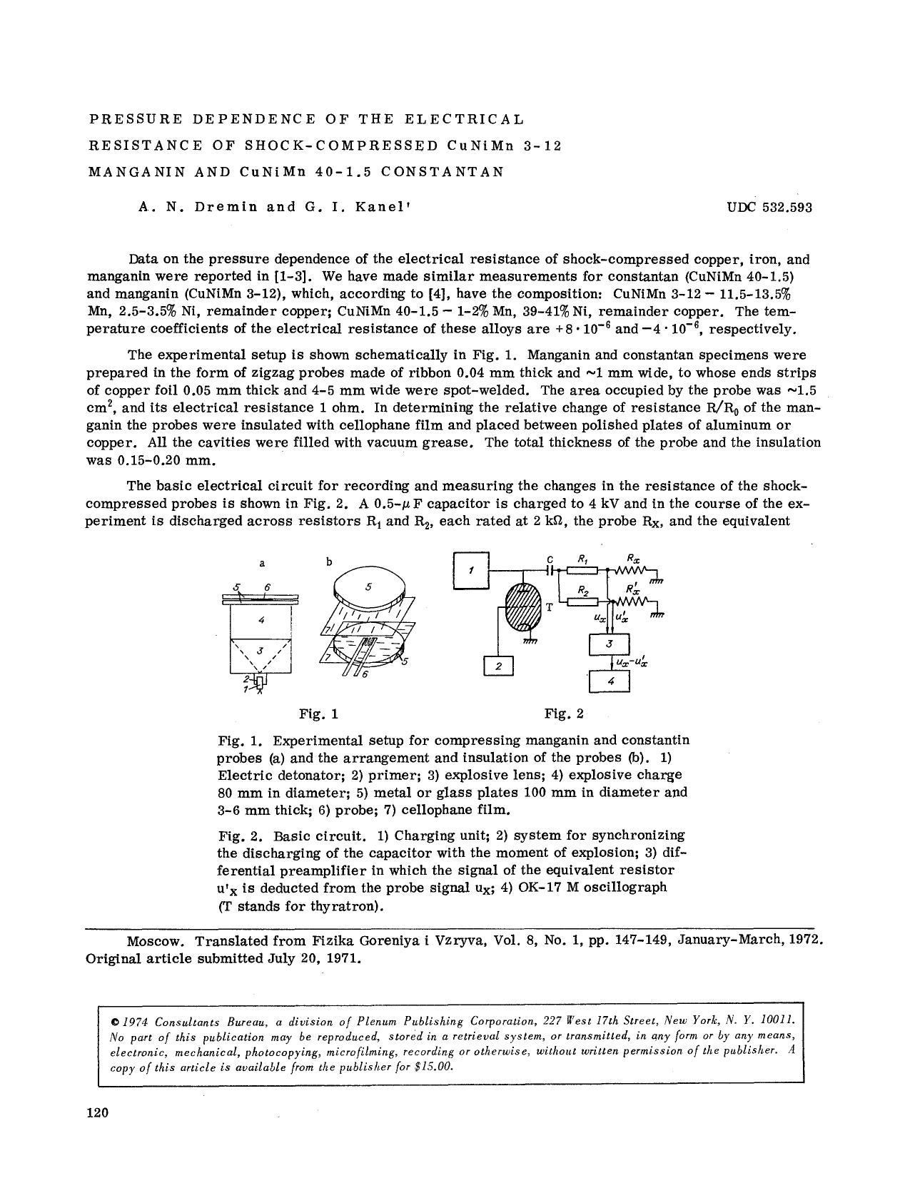 Pressure dependence of the electrical resistance of shock-compressed CuNiMn 3-12 manganin and CuNiMn 40-1.5 constantan by Unknown