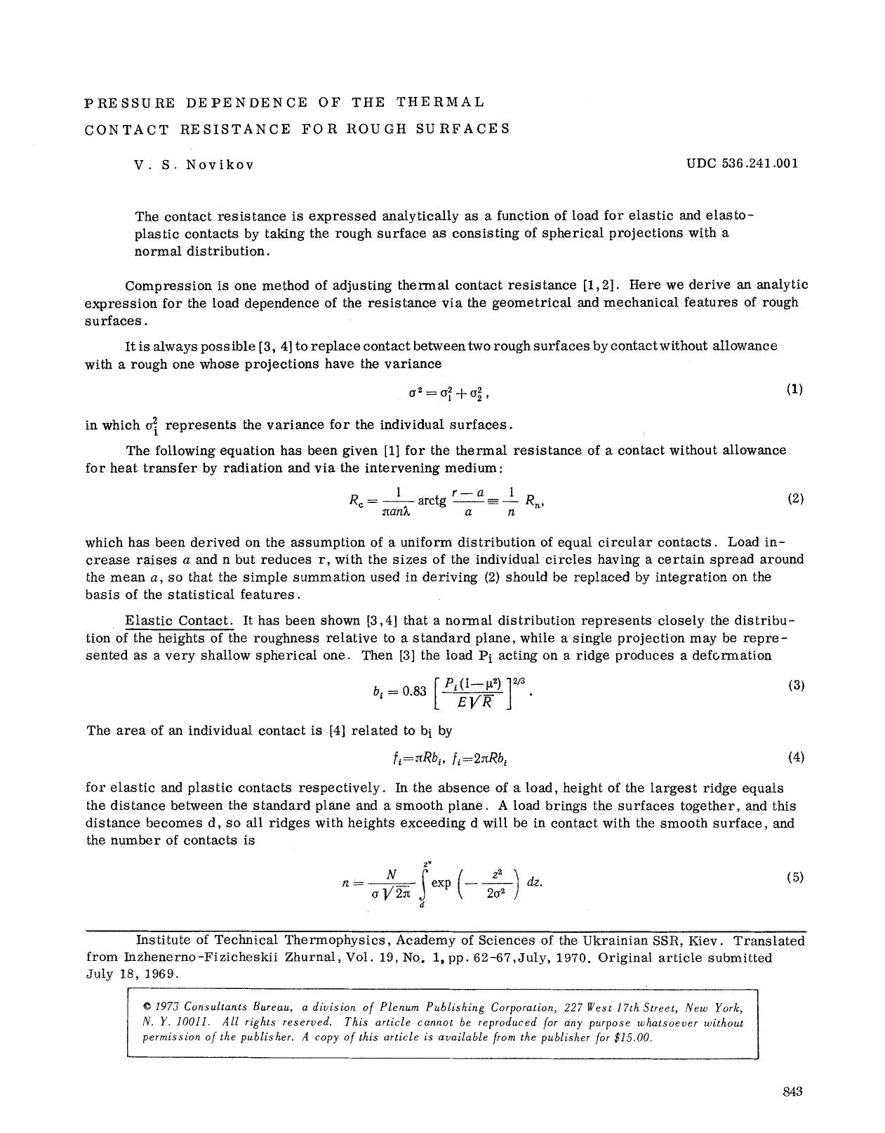 Pressure dependence of the thermal contact resistance for rough surfaces by Unknown