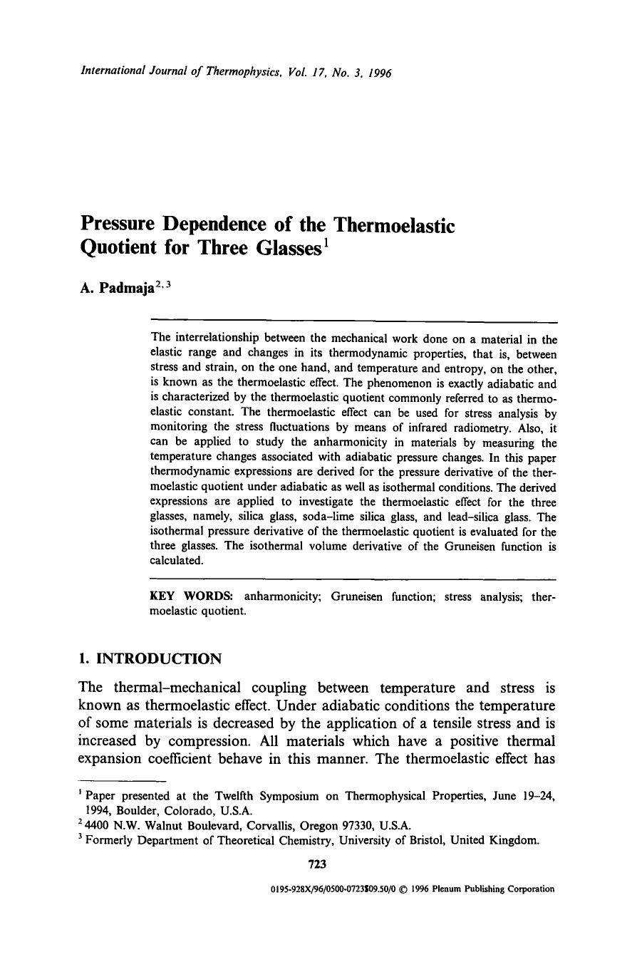 Pressure dependence of the thermoelastic quotient for three glasses by Unknown