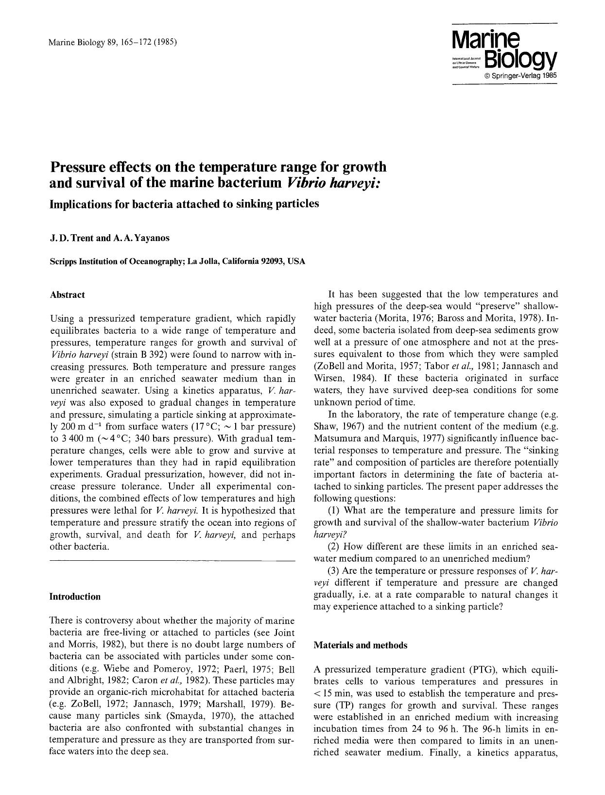 Pressure effects on the temperature range for growth and survival of the marine bacterium <Emphasis Type="Italic">Vibrio harveyi:<Emphasis> Implications for bacteria attached to sinking particles by Unknown