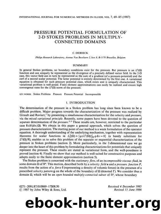 Pressure potential formulation of 2-D stokes problems in multiply-connected domains by Unknown