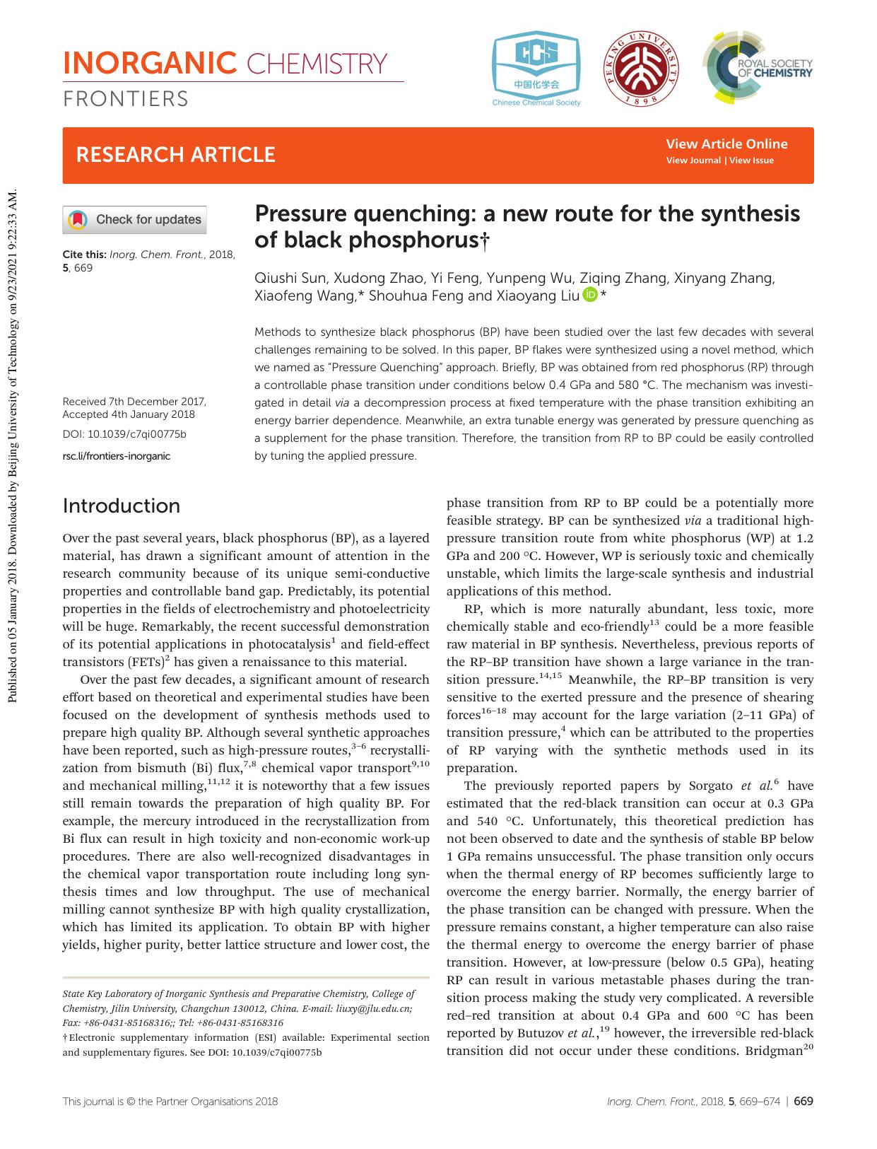 Pressure quenching: a new route for the synthesis of black phosphorus by unknow
