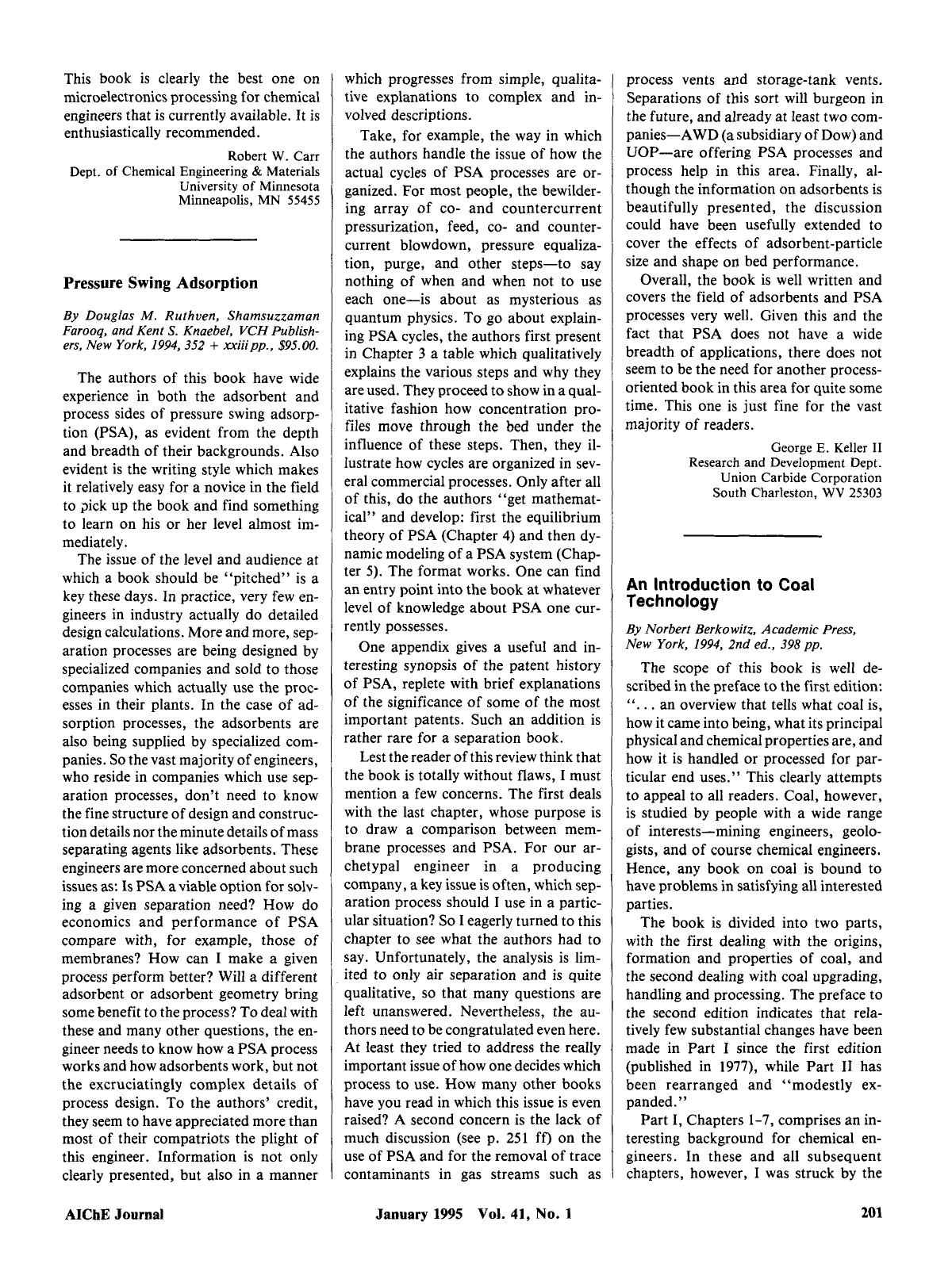 Pressure swing adsorption. By Douglas M. Ruthven, Shamsuzzaman Farooq, and Kent S. Knaebel, VCH Publishers, New York, 1994, 352 + xxiii pp., [dollar]95.00 by Unknown