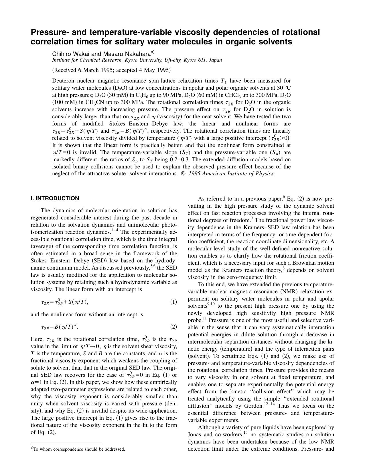 Pressure- and temperature-variable viscosity dependencies of rotational correlation times for solitary water molecules in organic solvents by Chihiro Wakai and Masaru Nakahara