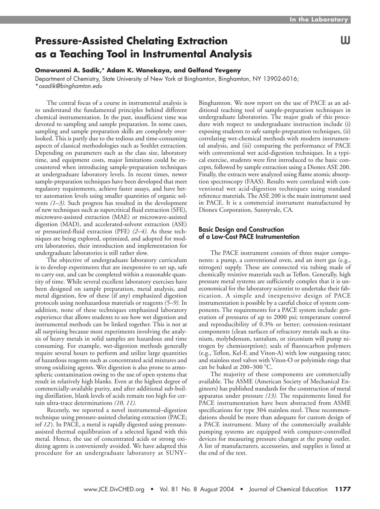 Pressure-Assisted Chelating Extraction as a Teaching Tool in Instrumental Analysis by Omowunmi A. Sadik Adam K. Wanekaya and Yevgeny Gelfand