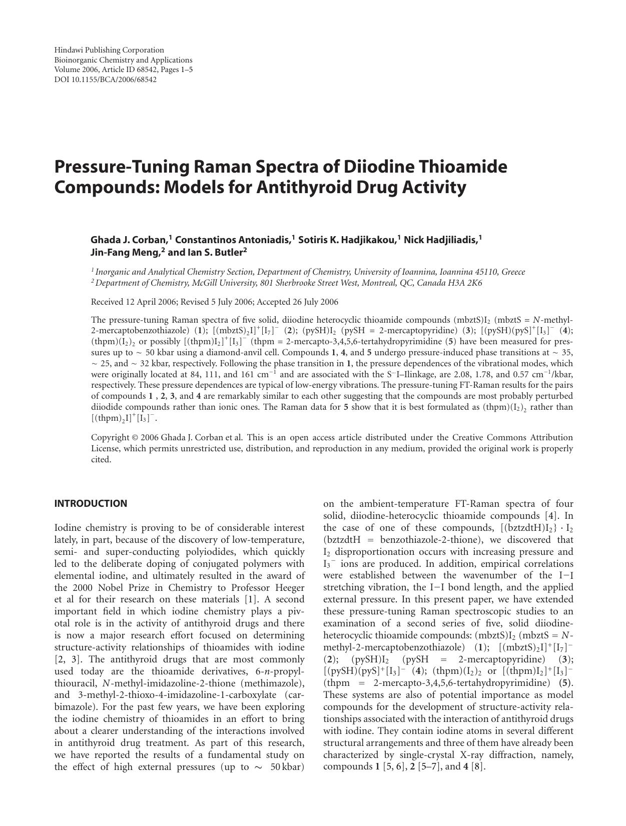 Pressure-Tuning Raman Spectra of Diiodine Thioamide Compounds: Models for Antithyroid Drug Activity by Ghada J. Corban {et al}