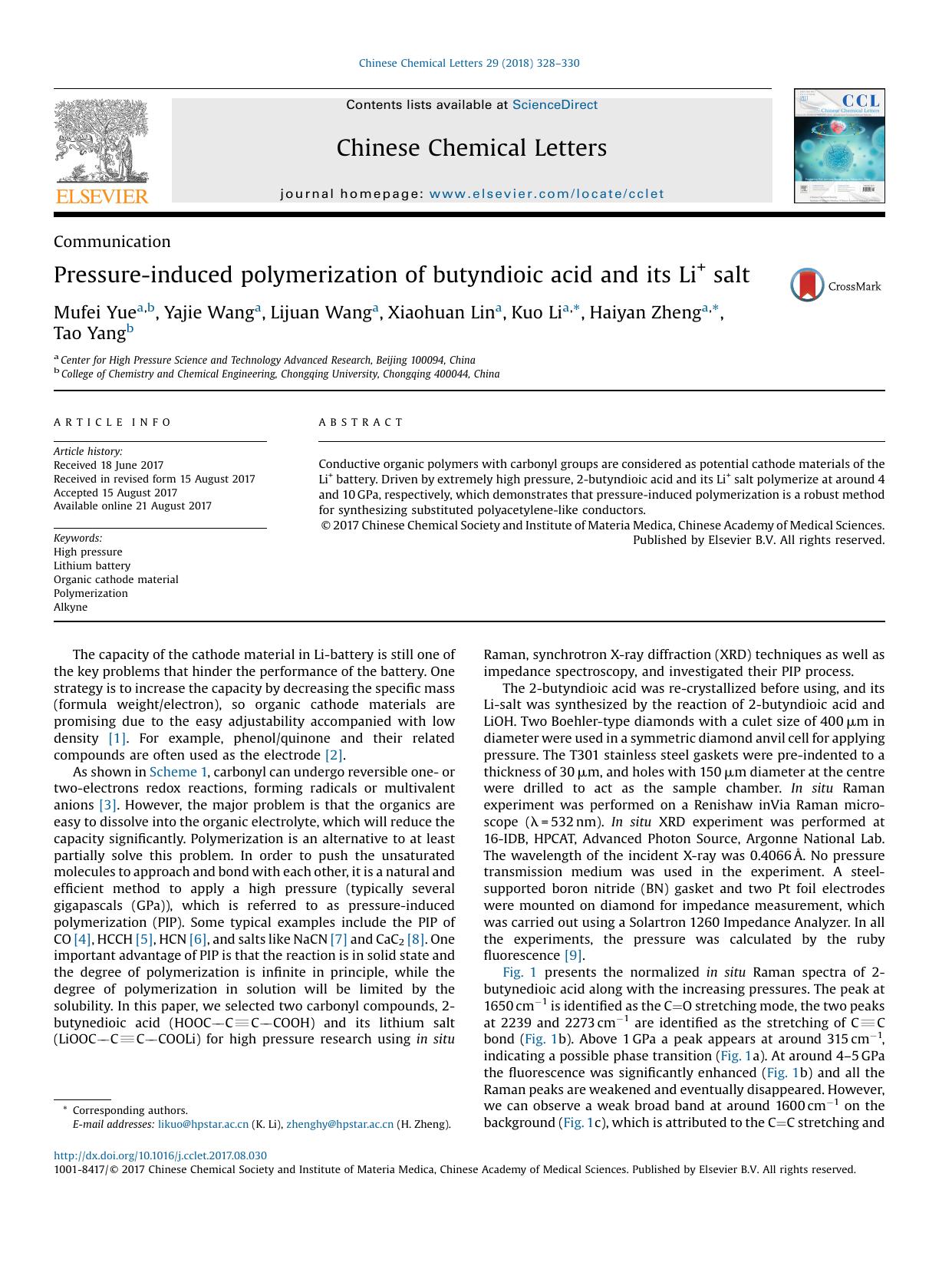 Pressure-induced polymerization of butyndioic acid and its Li+ salt by Mufei Yue & Yajie Wang & Lijuan Wang & Xiaohuan Lin & Kuo Li & Haiyan Zheng & Tao Yang