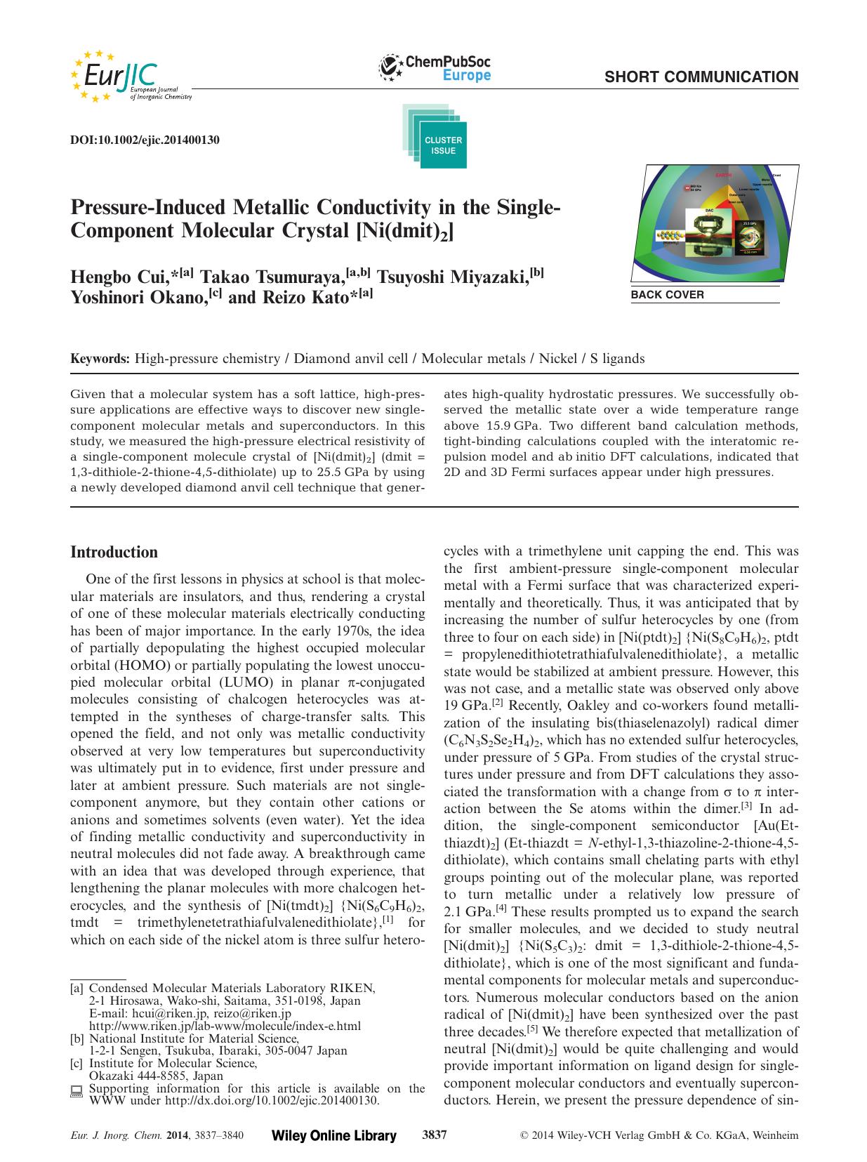 PressureInduced Metallic Conductivity in the SingleComponent Molecular Crystal [Ni(dmit)2] by Unknown