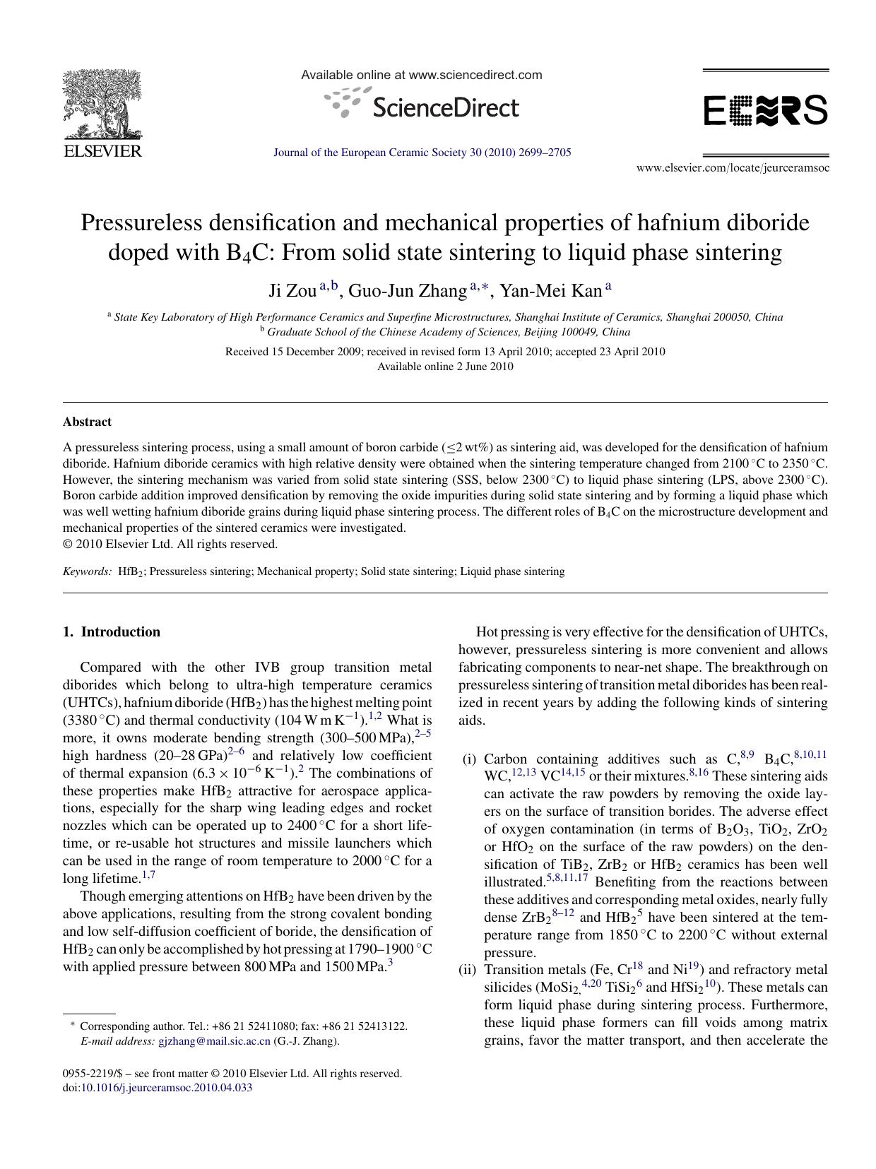 Pressureless densification and mechanical properties of hafnium diboride doped with B4C: From solid state sintering to liquid phase sintering by Ji Zou; Guo-Jun Zhang; Yan-Mei Kan
