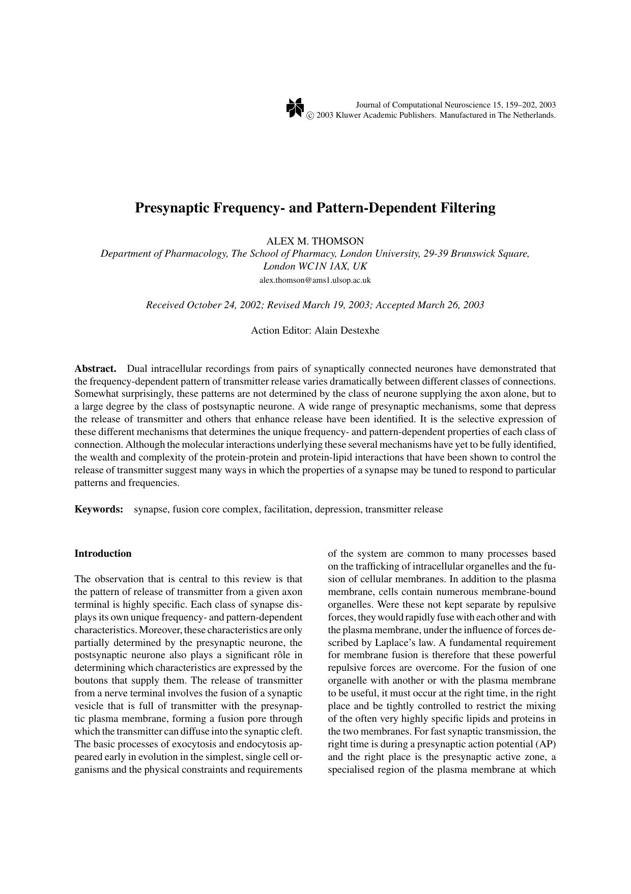 Presynaptic Frequency- and Pattern-Dependent Filtering by Unknown