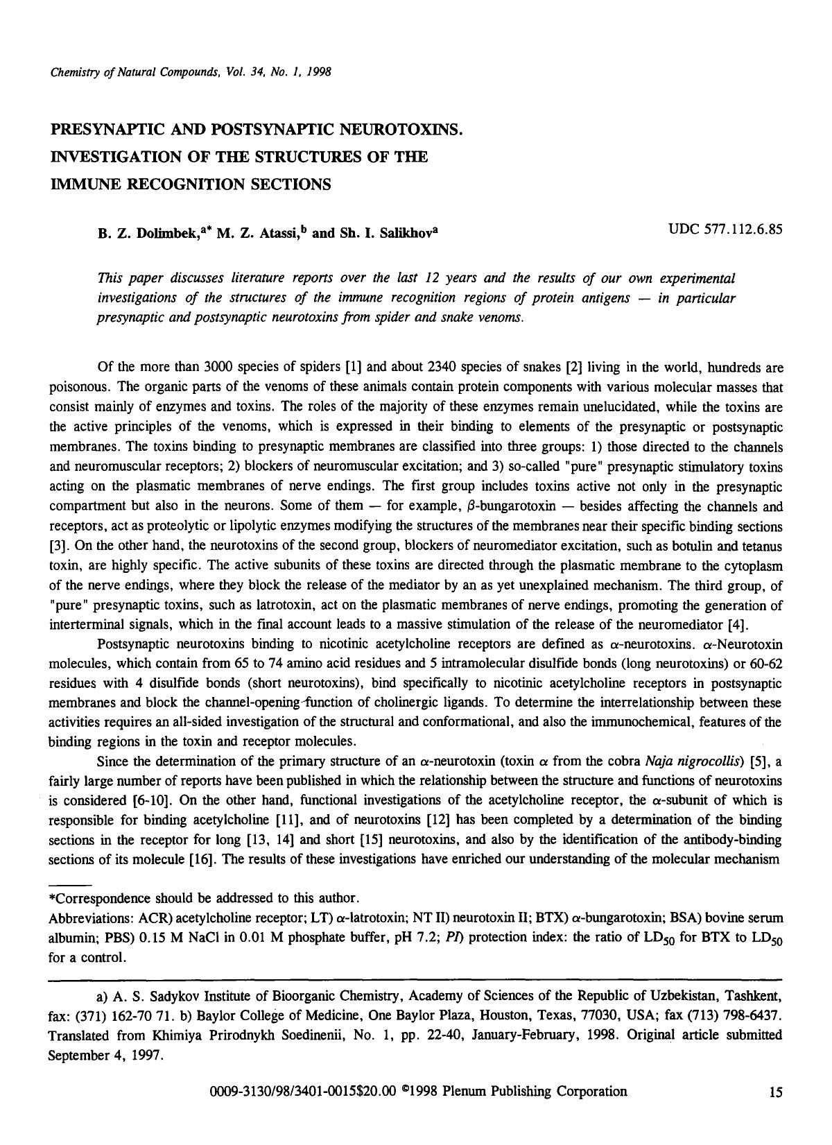 Presynaptic and postsynaptic neurotoxins. Investigation of the structures of the immune recognition sections by Unknown