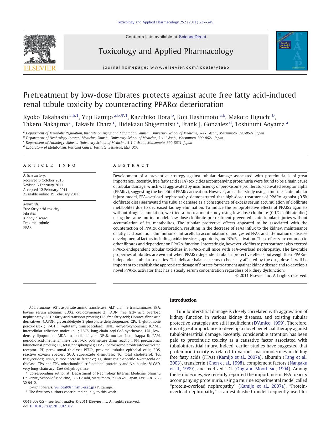 Pretreatment by low-dose fibrates protects against acute free fatty acid-induced renal tubule toxicity by counteracting PPARÎ± deterioration by Kyoko Takahashi