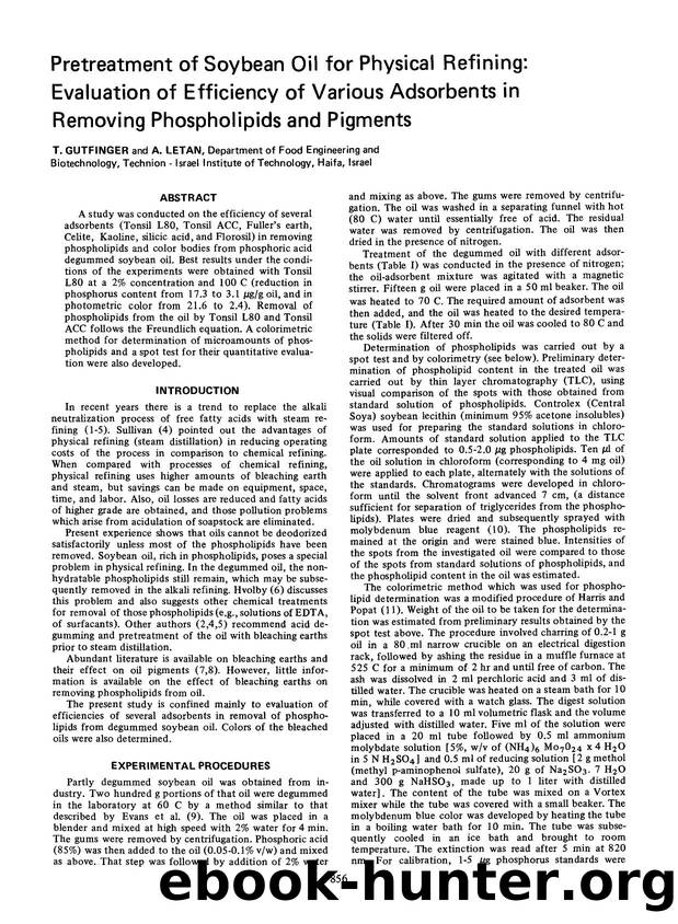 Pretreatment of soybean oil for physical refining: Evaluation of efficiency of various adsorbents in removing phospholipids and pigments by Unknown