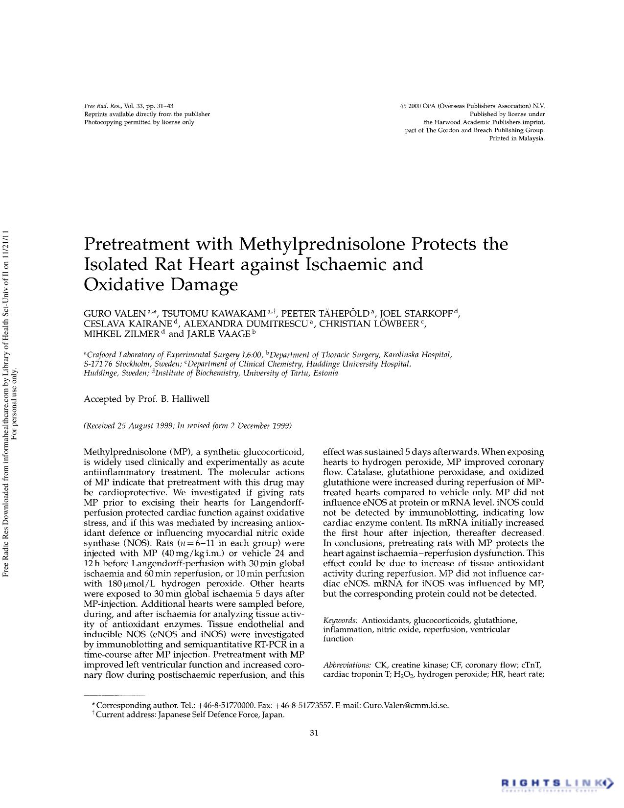Pretreatment with methylprednisolone protects the isolated rat heart against ischaemic and oxidative damage by unknow